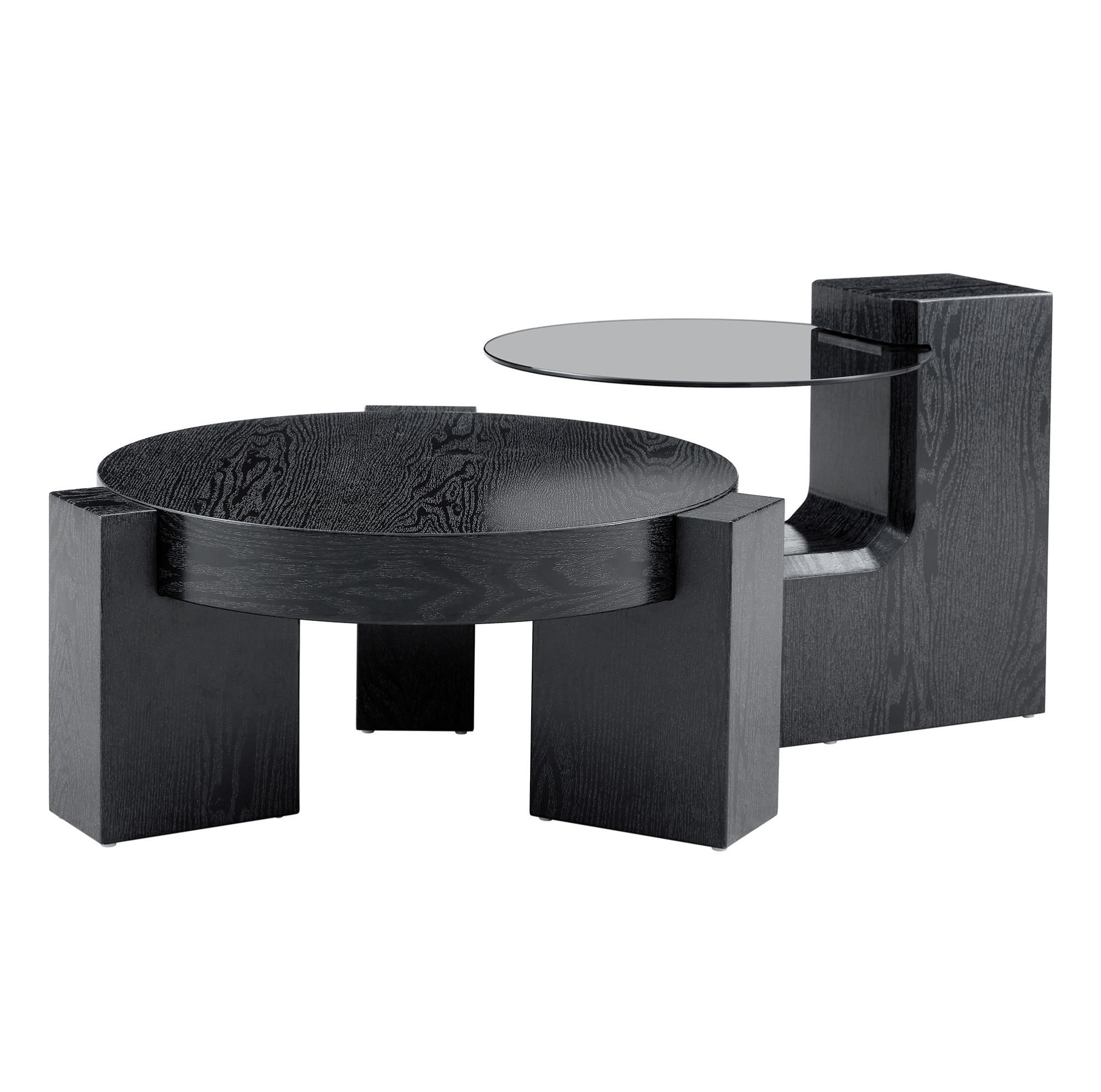 OKWISH SADA konferenčních stolků 61/61/30 cm černá z MDF a skla s oddělitelným dvouúrovňovým designem