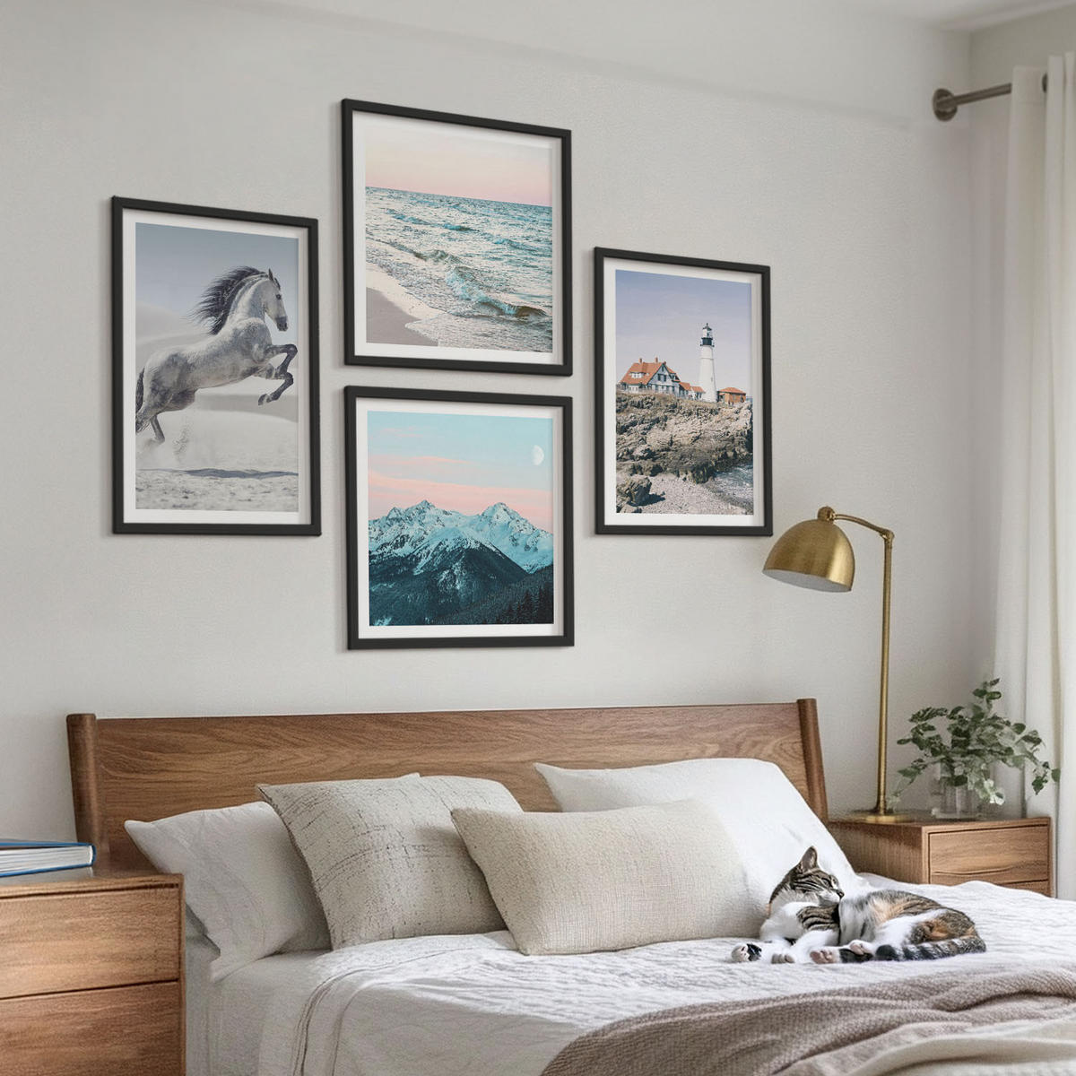 BILDER SET 4er Set - 50x50 cm & 40x60 cm Schwarzer Rahmen - Pferde, Bewegung, Strand, Leuchtturm, Berge - Schwarz, Kunststoff (50/50cm) - TULUP