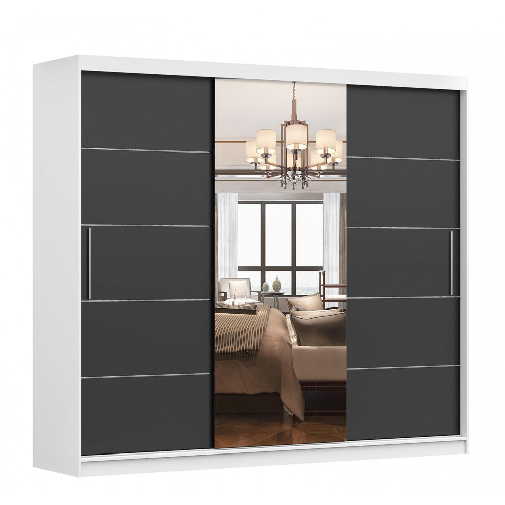 SCHWEBETÜRENSCHRANK ALBA Weiß, Schwarz + Spiegel, ohne LED Beleuchtung 250 cm - Schwarz/Alufarben, Glas/Holzwerkstoff (250/218/61cm) - imoebel24
