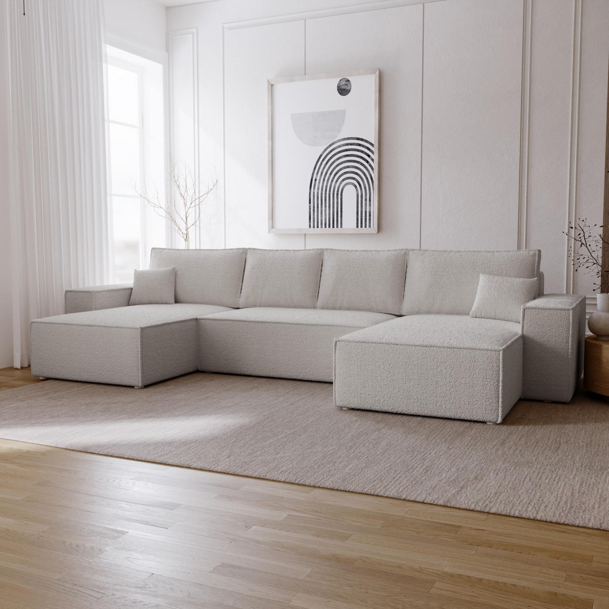 ECKCOUCH Bergamo U Bouclé mit Schlaffunktion, 380 cm, Hellgrau - Hellgrau, Holz (377/189cm) - Emporius