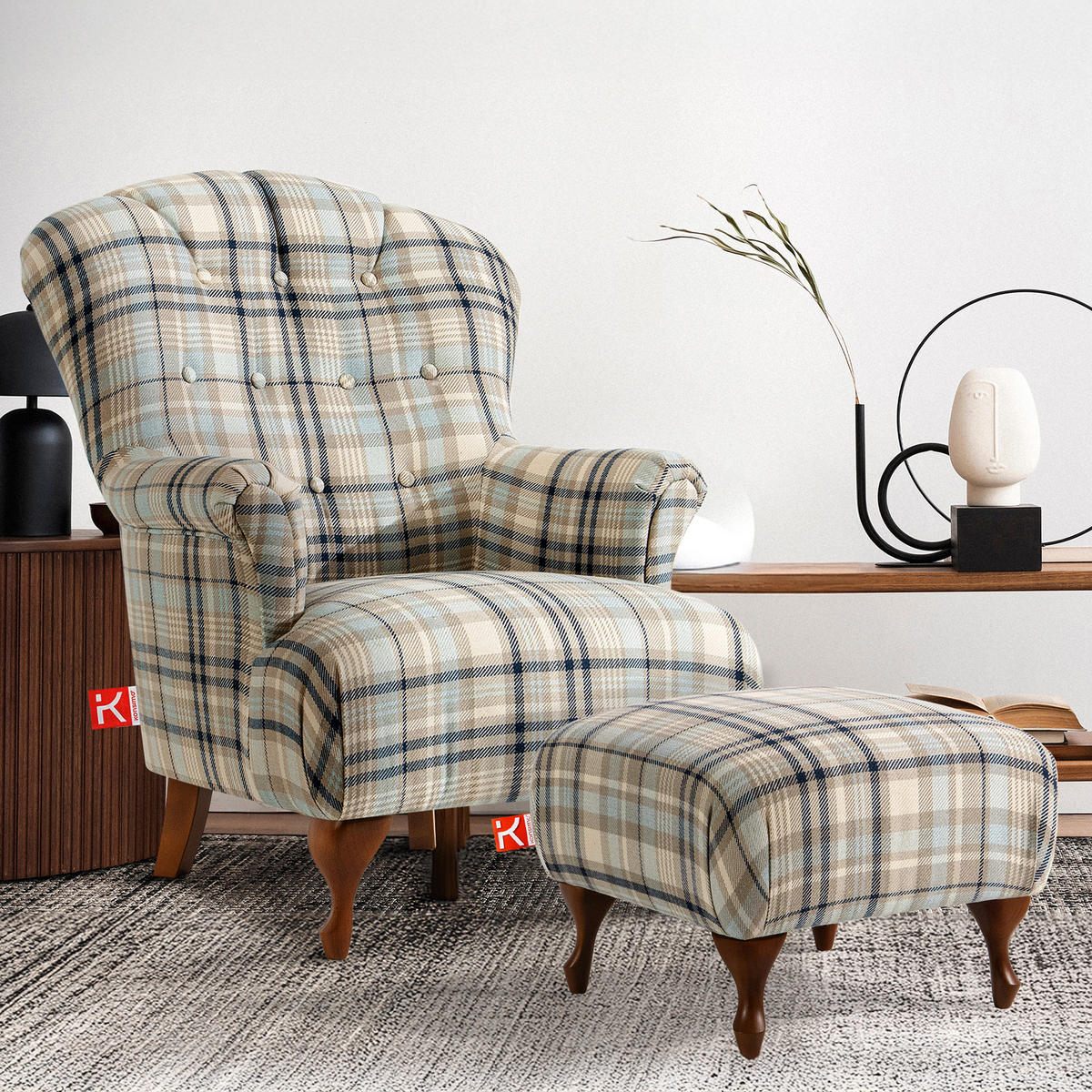 FUẞSTÜTZE TOMIS, Beige/Blau - Multicolor/Braun, Eichenholz/Holz (50/40/50cm) - KONSIMO®