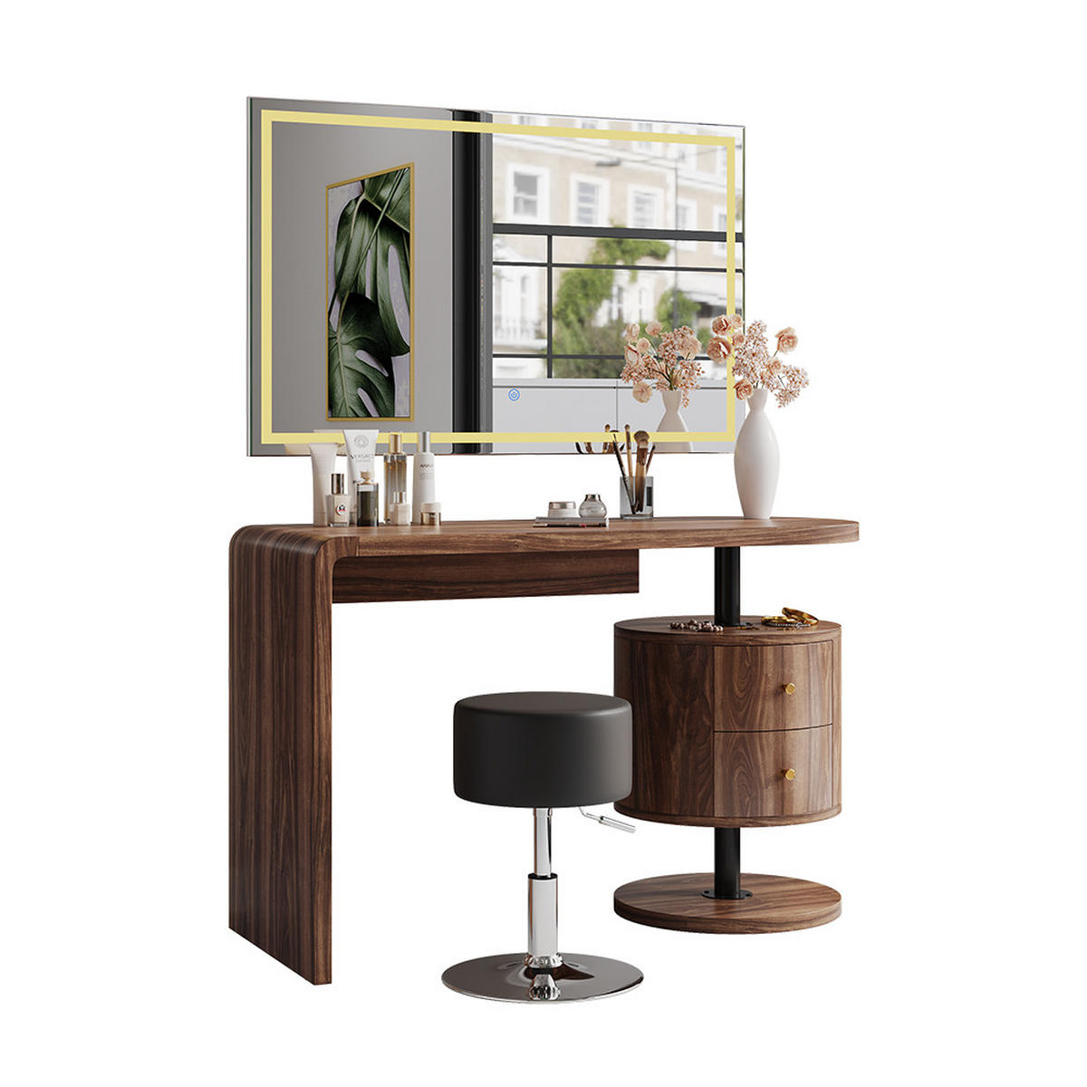 SCHMINKTISCH Lara Eiche rustikal 120 cm mit LED-Spiegel und Hocker - Wildeiche, Holzwerkstoff (120/76/50cm) - Vicco