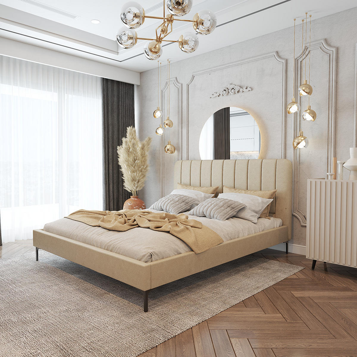 POLSTERBETT LUMI, Lattenrost, ohne Bettkasten, gepolsterte Kopfstütze 160/200 in Beige - Beige/Schwarz, Holz/Textil (160/200cm) - imoebel24
