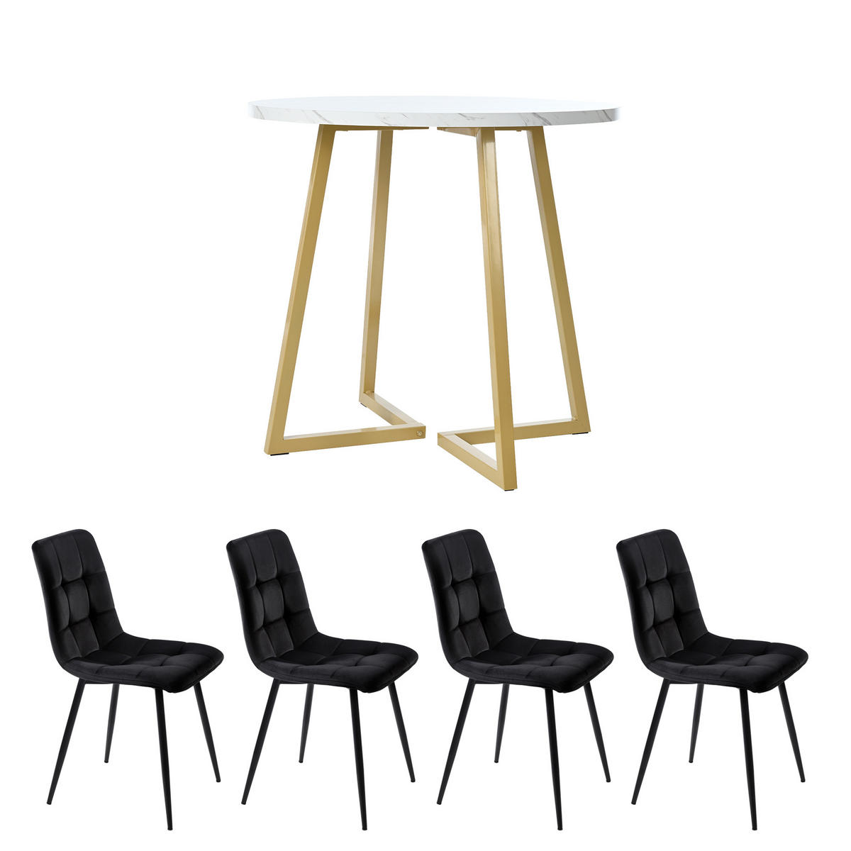 ESSZIMMER-SET 5-tlg mit rundem Tisch 80 cm Durchmesser aus Marmor-Spanplatte, 4 Samtstühlen und Metallgestell, weiß-schwarz - Schwarz, Holzwerkstoff (80/75/80cm) - Luhomfu
