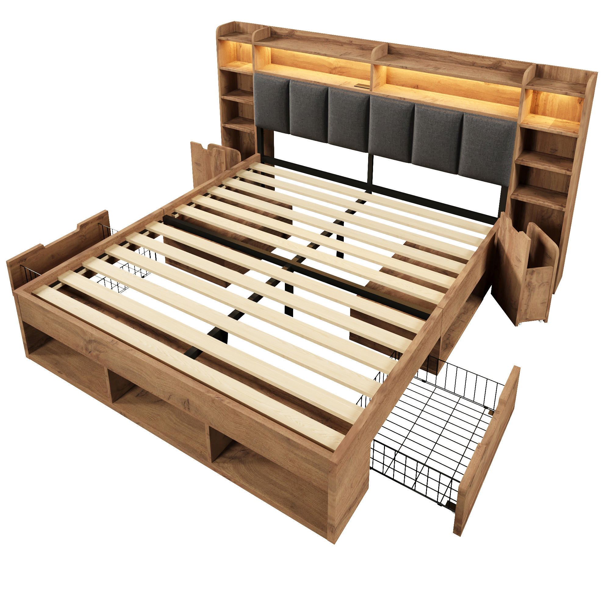 POLSTERBETT 160/200 cm Eiche mit LED-Beleuchtung, USB- und Type-C-Anschlüssen und Rollschubladen - Eichefarben, Holz (160/200cm) - Oxeza