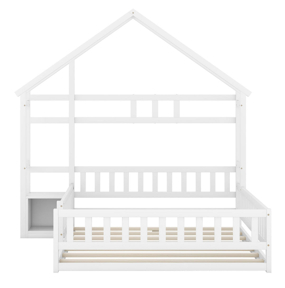 HAUSBETT aus Kiefer und MDF 140x200 cm Weiß mit Hausdesign, Seitengeländer und Nachttisch - Weiß, Holzwerkstoff (140/200cm) - Modfu