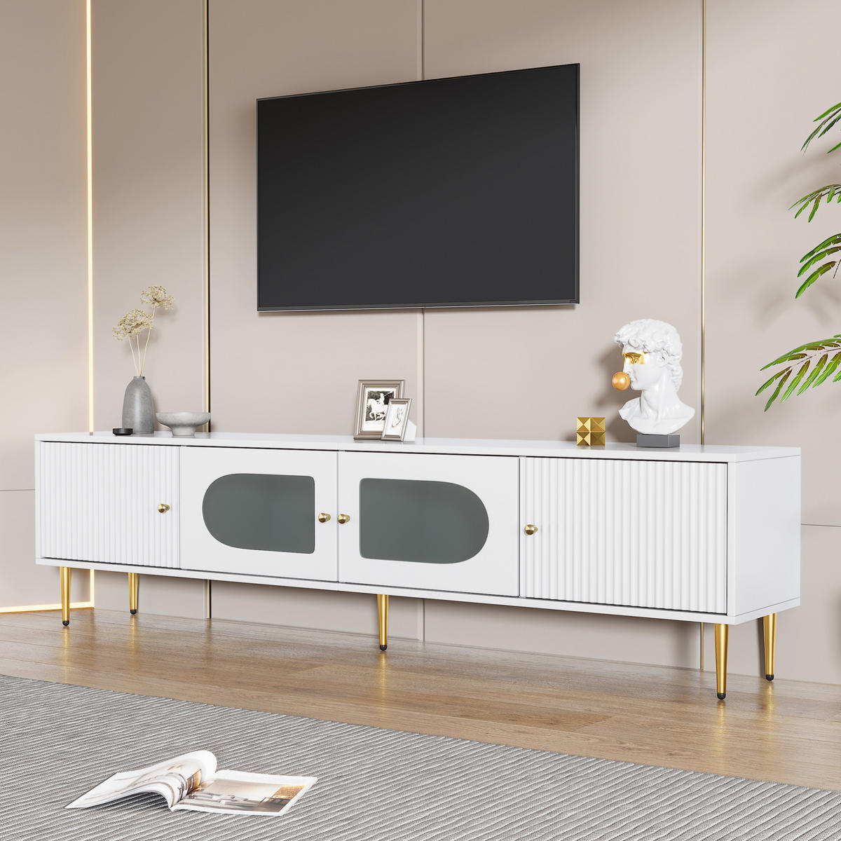 TV-LOWBOARD 170/35/50 cm mit 4 Türen, Kabeldurchlass und Soft-Close - Weiß, Holzwerkstoff (140/38/38cm) - BEAOK