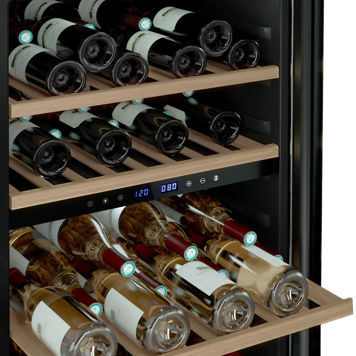 WEINKÜHLSCHRANK CAVCDB62, Schwarz, 62 Flaschen,, Kapazität 138L, 2 Temperaturzonen, Edelstahl, Anti-UV, LED - Schwarz, Metall (55/84/56cm) - Les Petits Champs