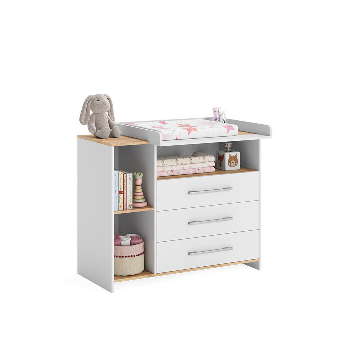 WICKELKOMMODE Oskar Weiß/Goldkraft Eiche 113 x 93 cm mit 3 Schubladen - Eichefarben/Weiß, Holzwerkstoff (113/93/53.1cm) - Vicco