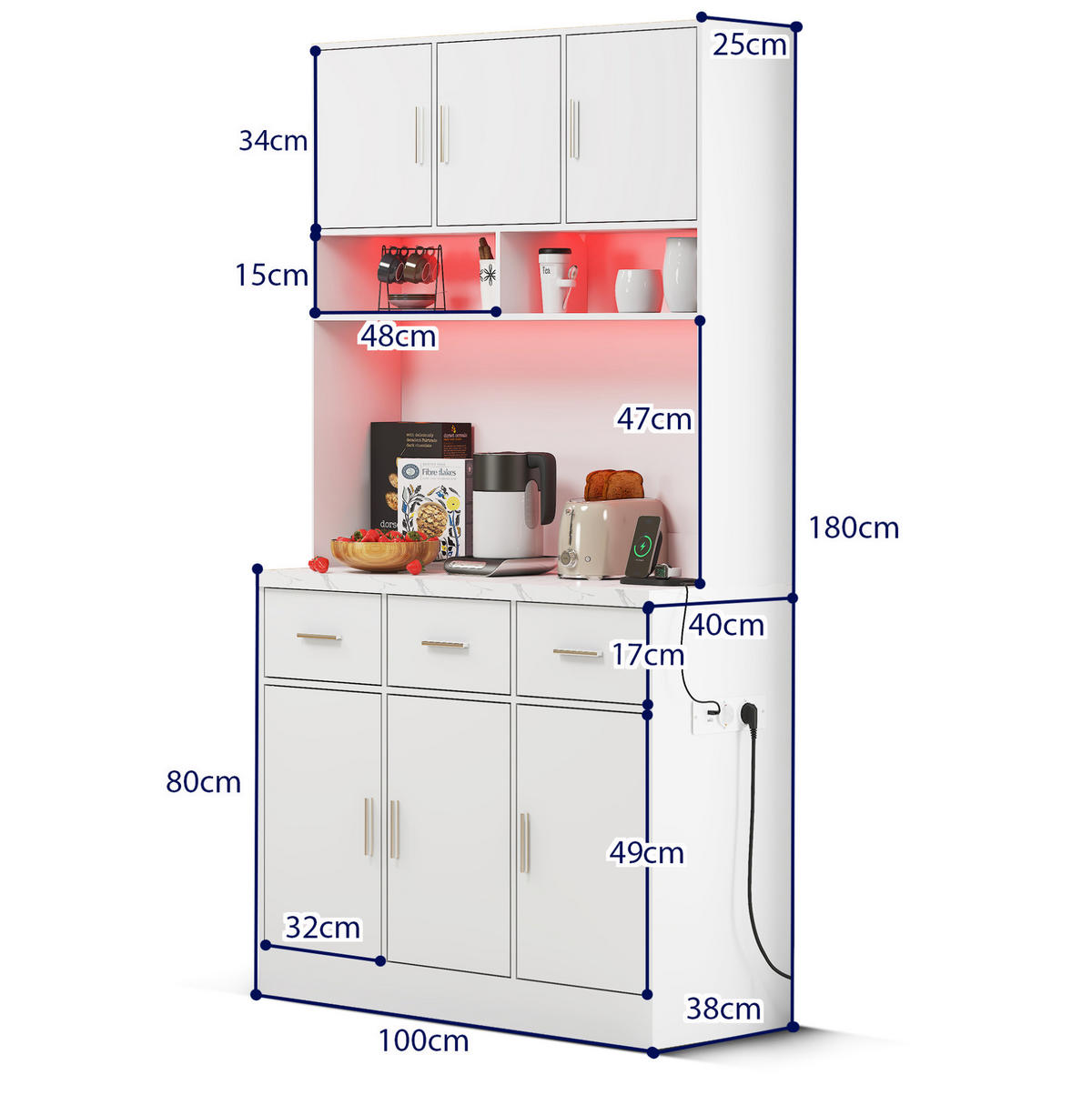 KUHINJSKA omara 100/40/180 cm z LED osvetlitvijo, USB priključki, vtičnico in predali, MDF, Bela - bela, leseni material (100/180/40cm) - Redom