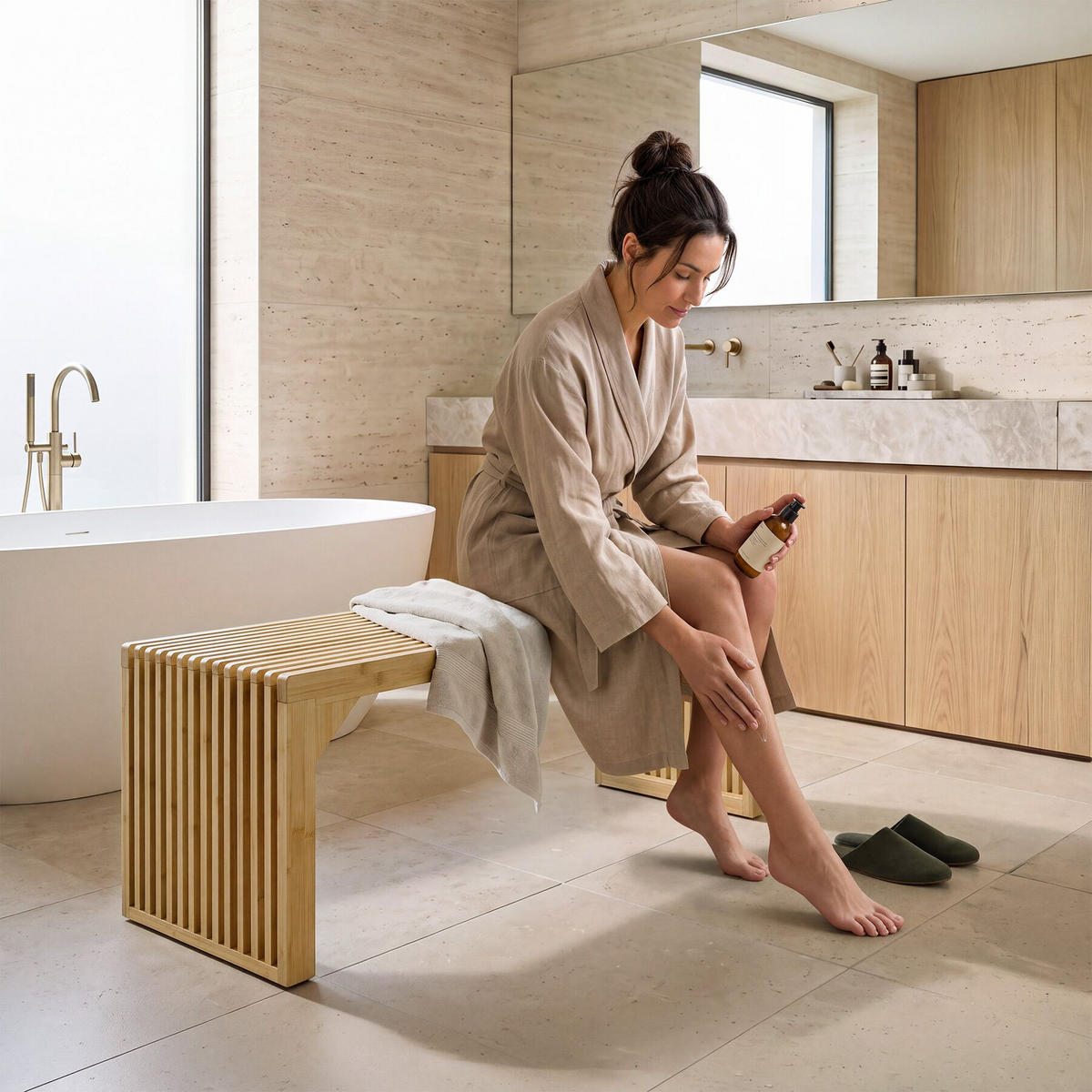 SITZBANK Ribb, Belastbarkeit 350 kg, Bambus - Beige, Holz (104/43/35cm) - tectake