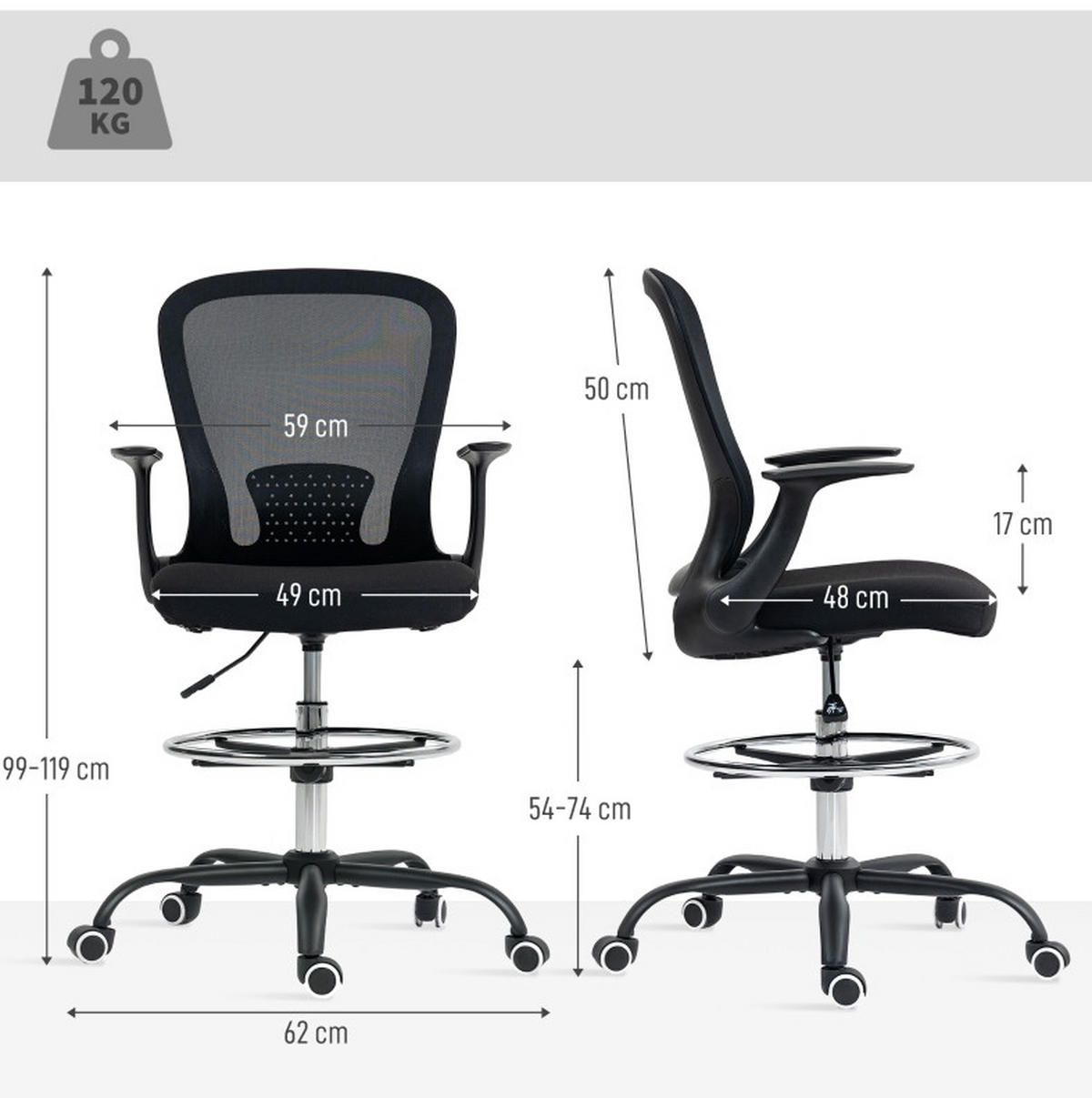 DREHSTUHL 59/62/99-119 cm, höhenverstellbar mit Netzrücken, schwarz - Schwarz, Kunststoff (59/119/62cm) - Redom