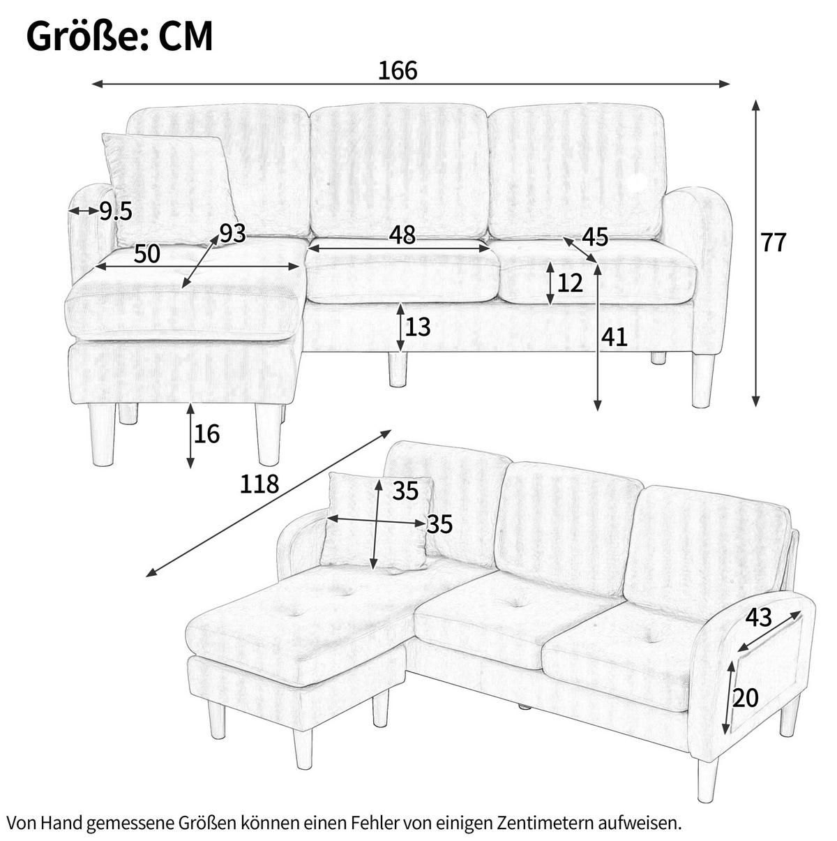 ECKSOFA 166/118/77 cm Hellbeige aus Baumwoll-Leinen-Mischgewebe mit modularer Chaiselongue - Weiß, Textil (118/166cm) - OKMYHOME