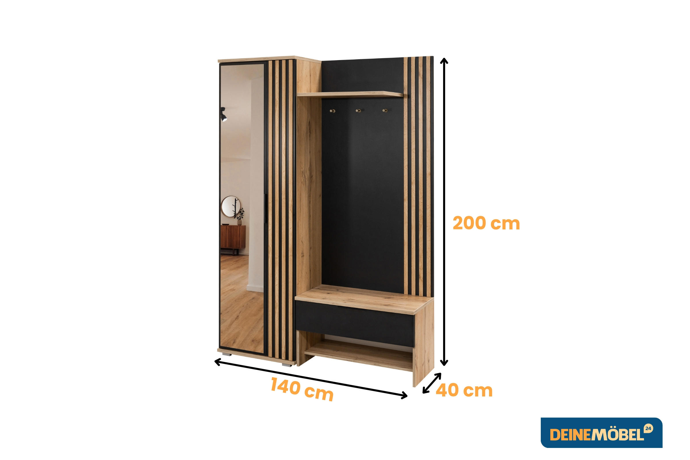 GARDEROBE MILANO 140/200 in Eiche Wotan / Schwarz mit Lamellen - Eichefarben/Schwarz, Holzwerkstoff (140/200/40cm) - Deine Möbel 24