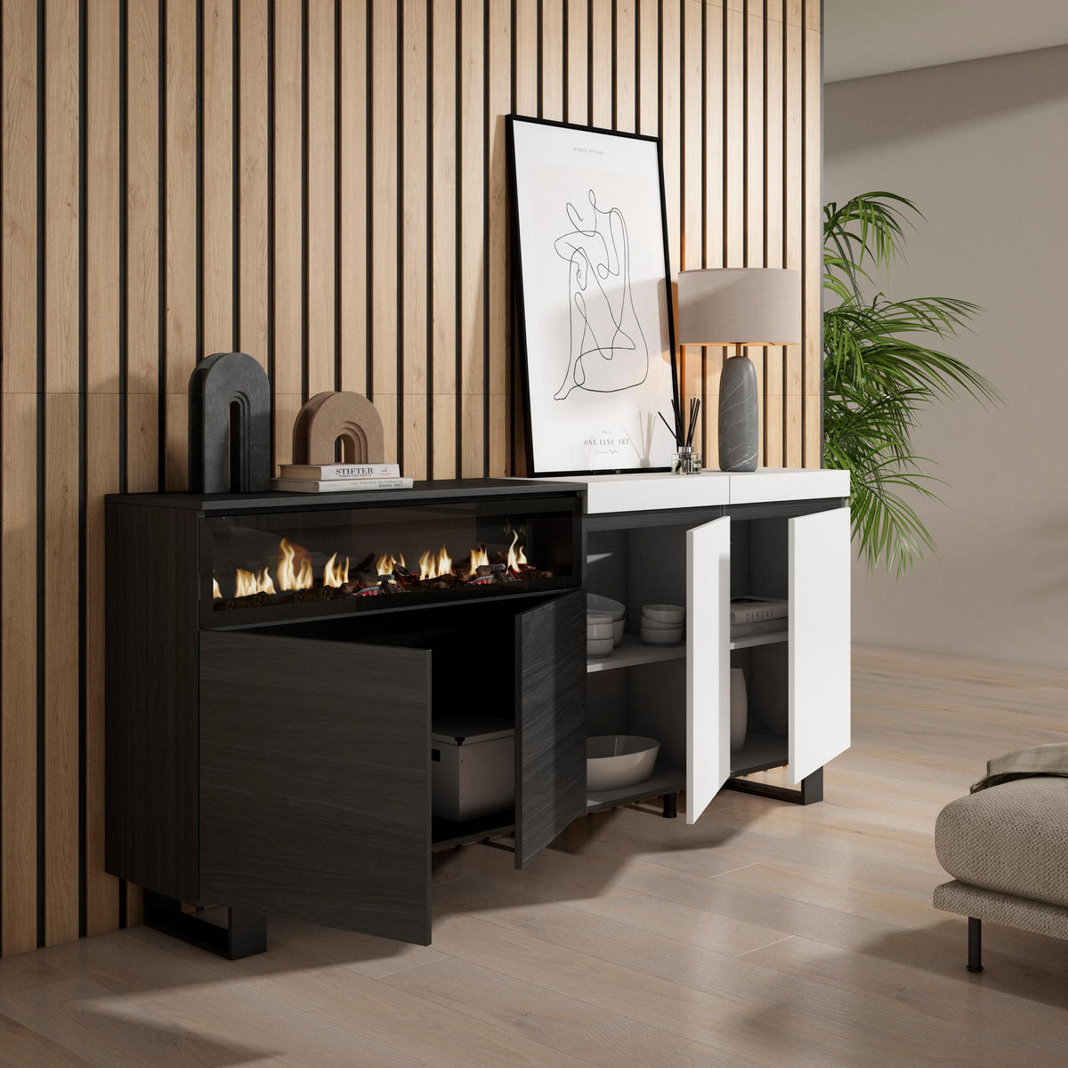 SIDEBOARD Elektrokamin, weiß und schwarz, 200/35/87cm - Multicolor, Holzwerkstoff (200/87/35cm) - Skraut Home