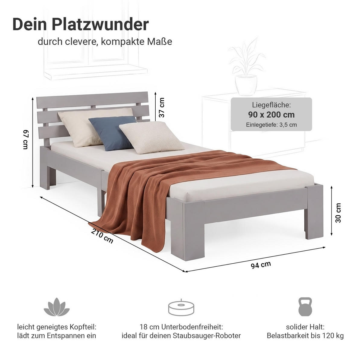 HOLZBETT 90/200 cm mit Lattenrost grau - Grau, Holz (90/200cm) - Homestyle4u
