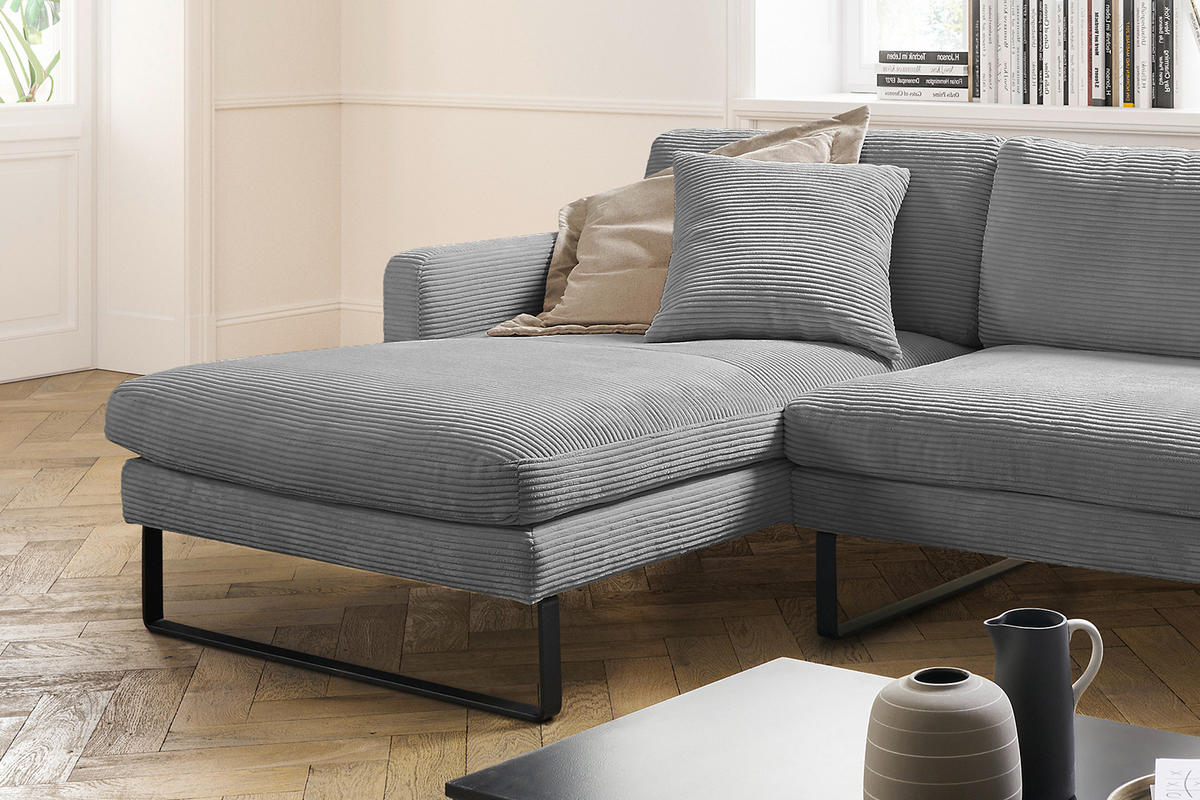 ECKSOFA RICARDA Grau Cord - Schwarz/Grau, Textil/Metall (298/154cm) - KAWOLA