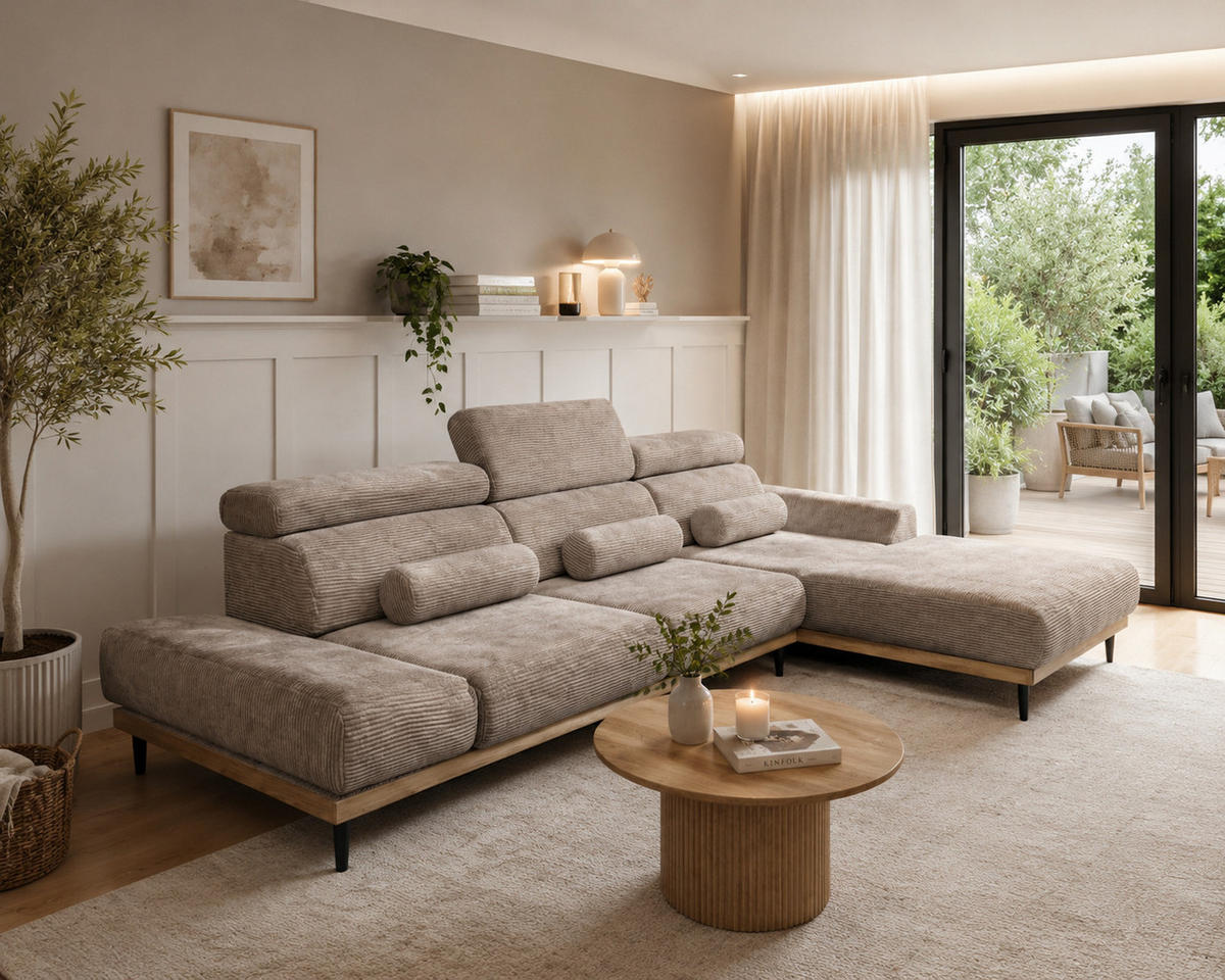 ECKSOFA MONTERO rechts, Cappuccino, elektr. Sitztiefe & Kopfstützen - Schwarz/Cappuccino, Textil/Metall (316/205cm) - KS Home Concept