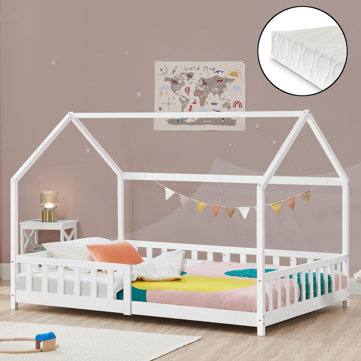 HAUSBETT Hesel mit Matratze - Weiß, Holz/Textil (90/200cm) - [en.casa]
