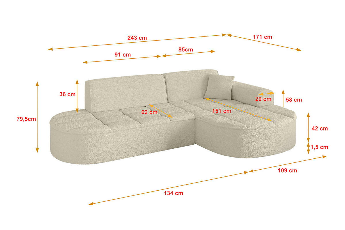ECKSOFA Ottomane Rechts TARO-L1 - 243x171x79,5 cm Beige - Beige, Holzwerkstoff/Textil (243/171cm) - ALTDECOR