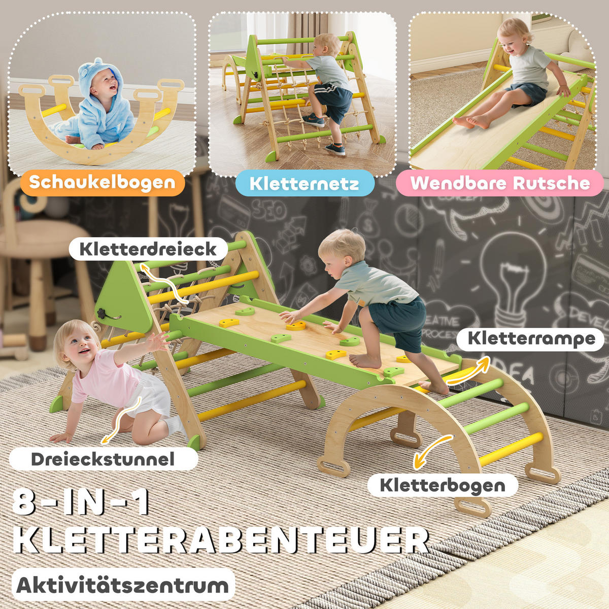 MONTESSORI-KLETTERGERÜST Holz Kletterdreieck mit Kletterbogen 8-in-1 - Grün, Holz (42/36/68.5cm) - AIYAPLAY