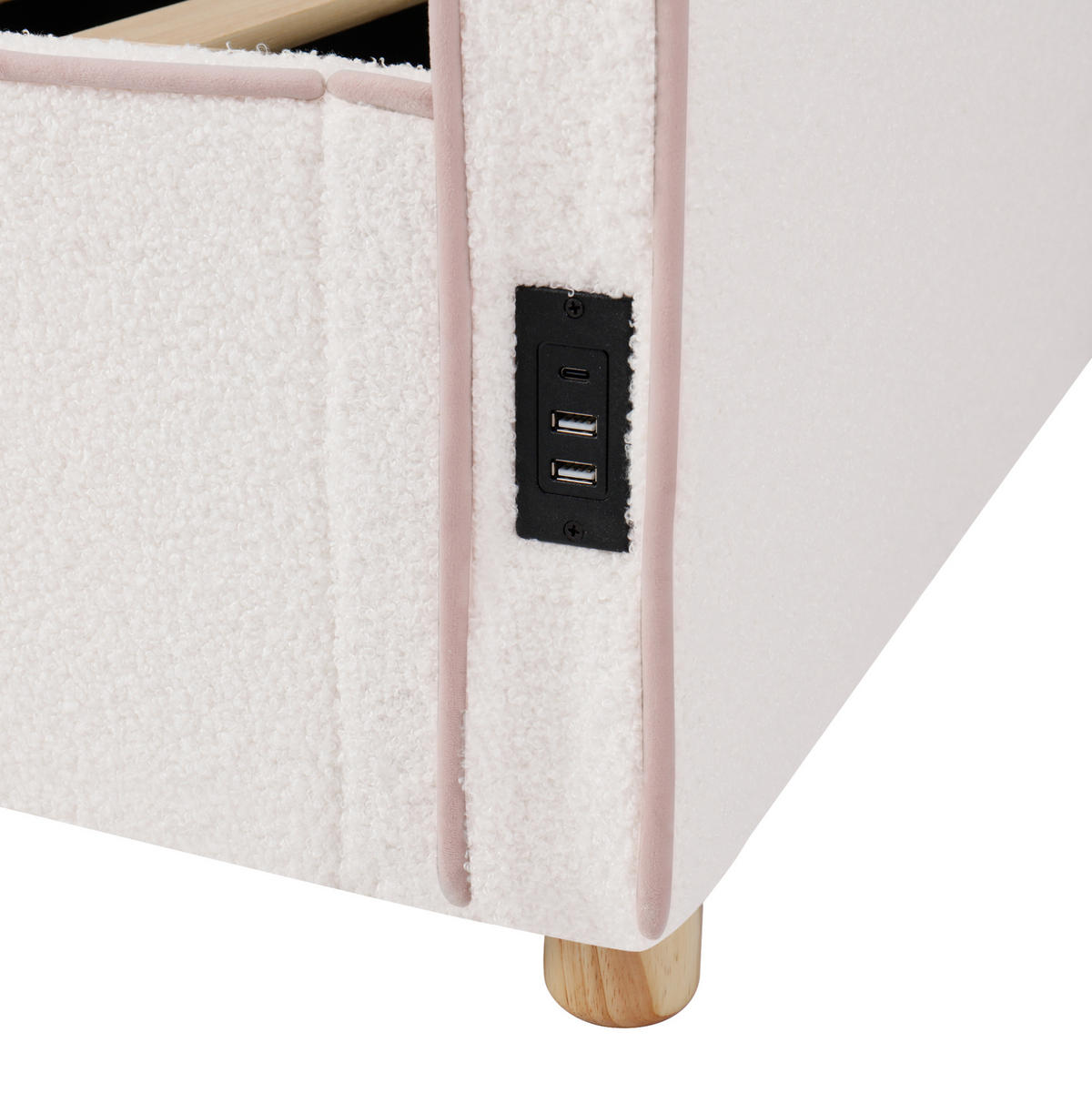 KINDERBETT 90/200 cm mit hydraulischem Stauraum, USB- und Type-C-Anschluss, Bouclé-Bezug, Beige - Beige, Textil (90/200cm) - Redom