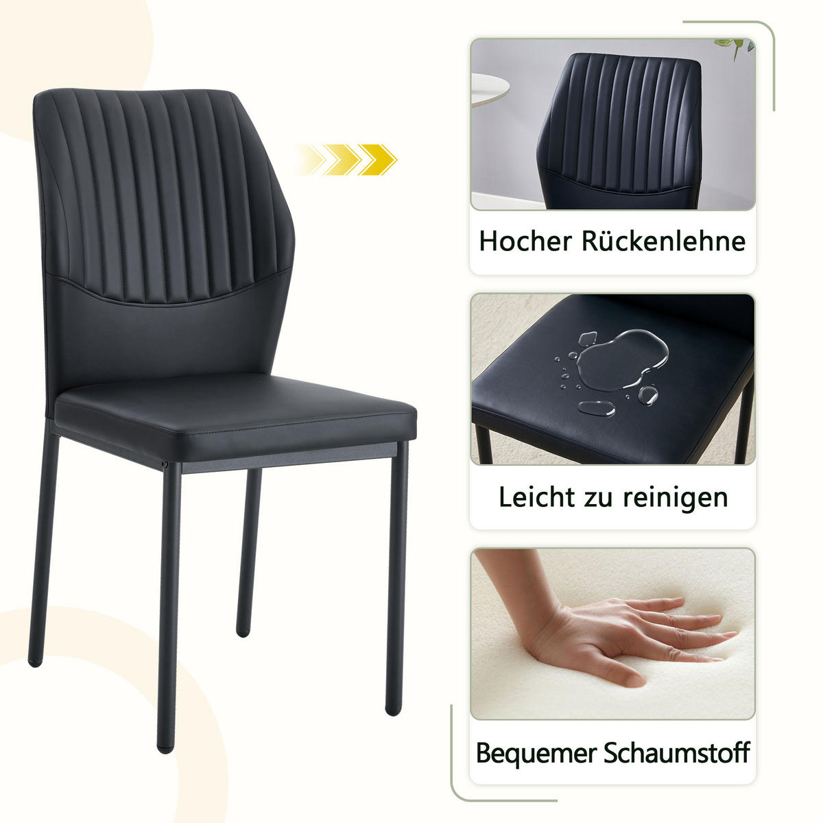 STUHL-SET DE-36578 4 Stück mit PU-Bezug und Metallbeinen Schwarz - Schwarz, Metall (42.6/93/43cm) - ComfortXL