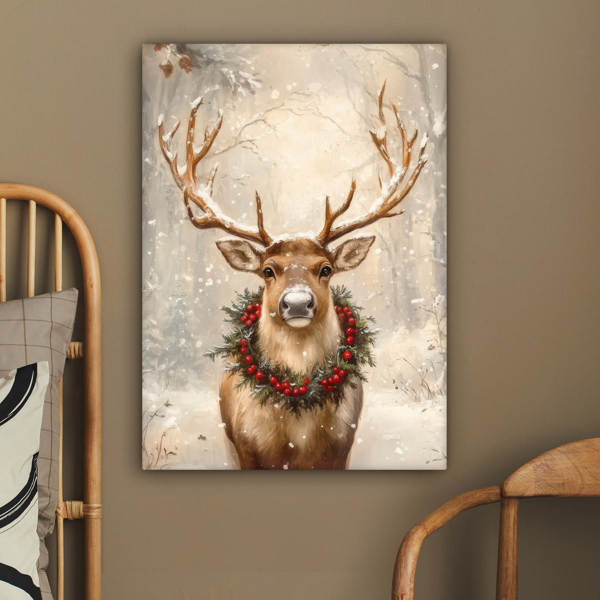LEINWANDBILD Weihnachten - Rentier - Winter - Kranz 60x80 cm - Naturfarben, Textil (60/80cm) - MuchoWow