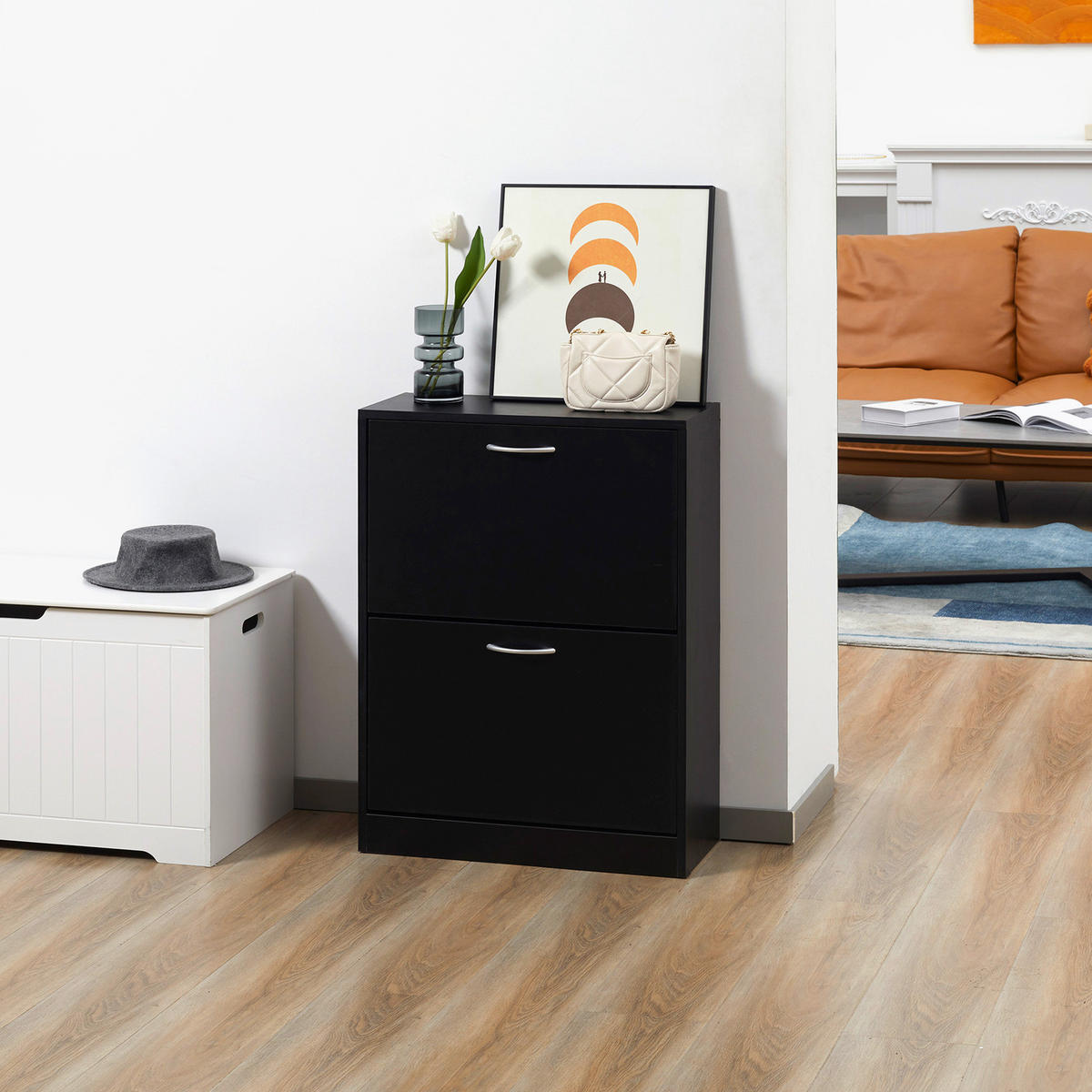SCHUHSCHRANK DE-14972 2 Klapptüren 60x24x80 cm Schwarz - Schwarz, Holzwerkstoff (10/10/10cm) - ComfortXL