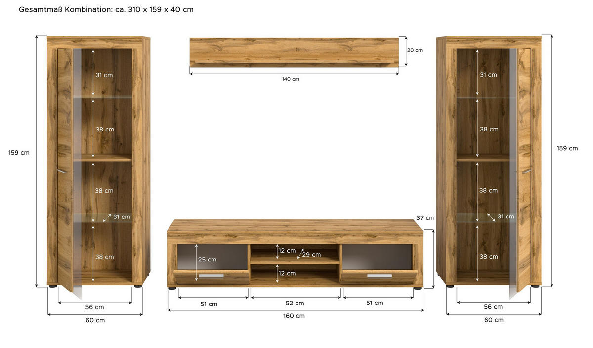 WOHNWAND Milo 4 tlg. (B/H/T: ca. 310/159/40 cm) in Wotan Eiche /Wotan Eiche - Eiche Wotan, Holzwerkstoff (310/159/40cm)
