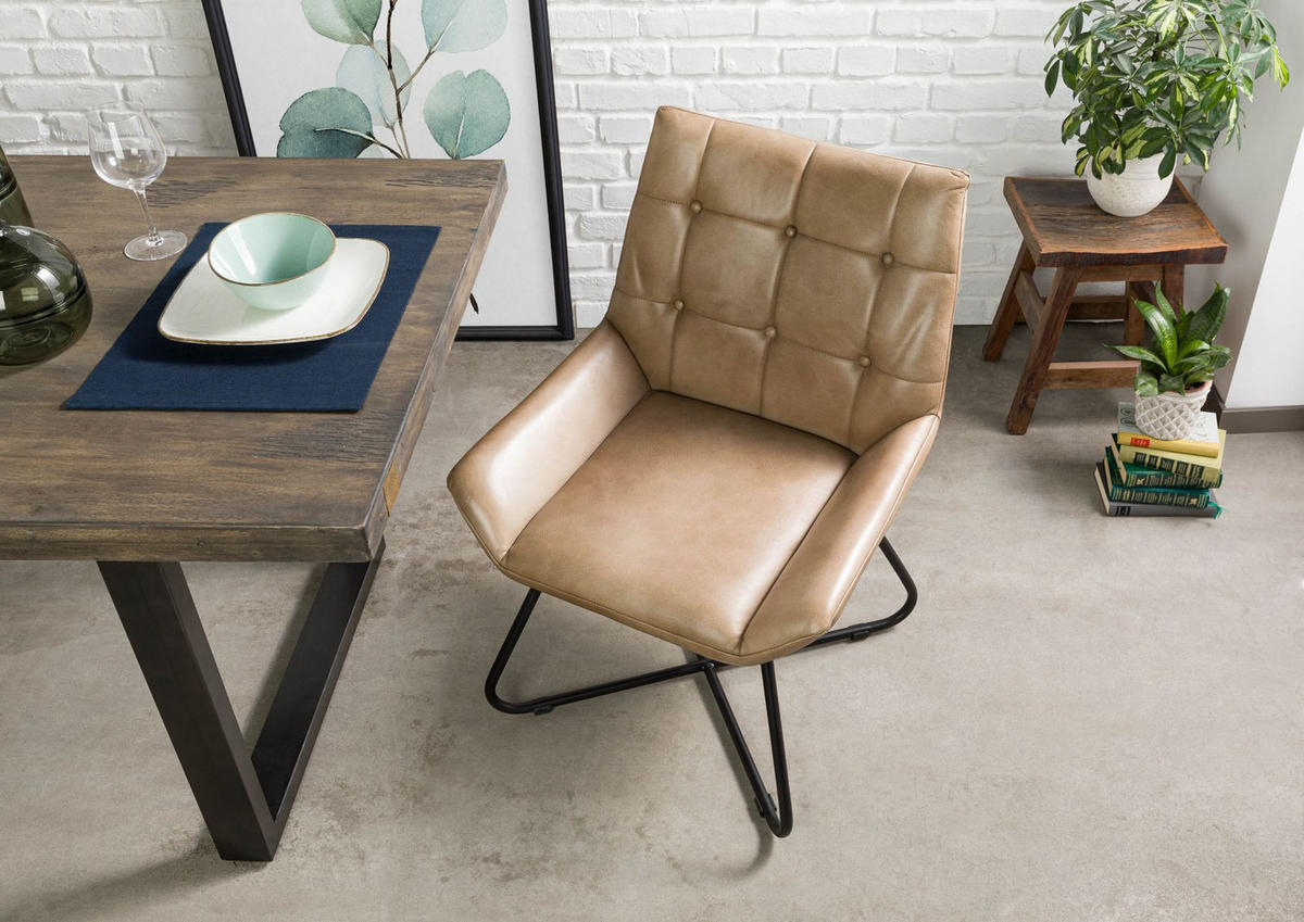 STUHL Echtleder (Büffel) 61 x 65 x 89 cm beige IRON LABEL #613 - Beige, Leder (61/89/65cm) - Massivmoebel24
