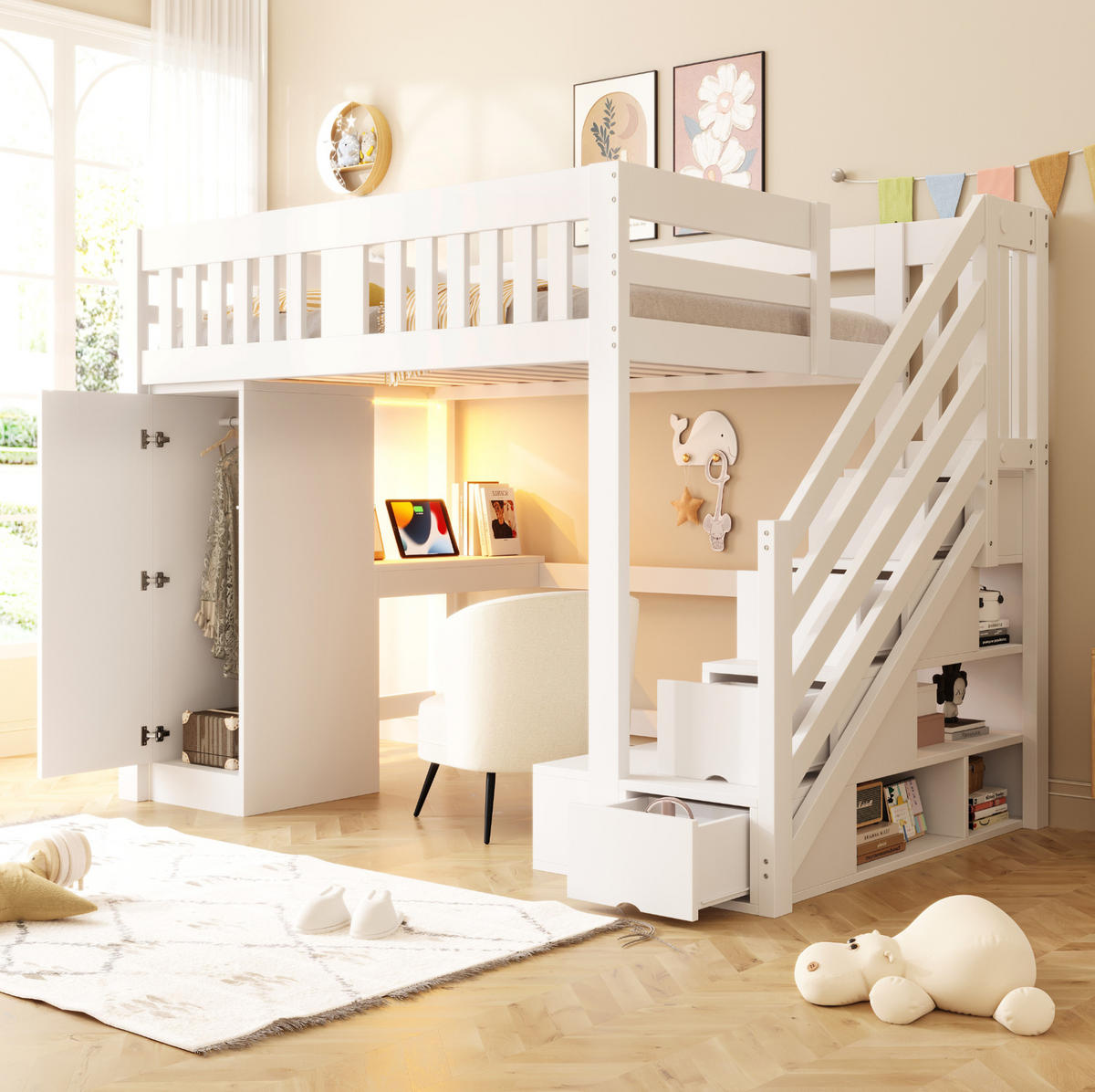 HOCHBETT 140/200 cm Weiß mit Stauraumtreppe, Schreibtisch und LED - Weiß, Holz (140/200cm) - MIVRAY