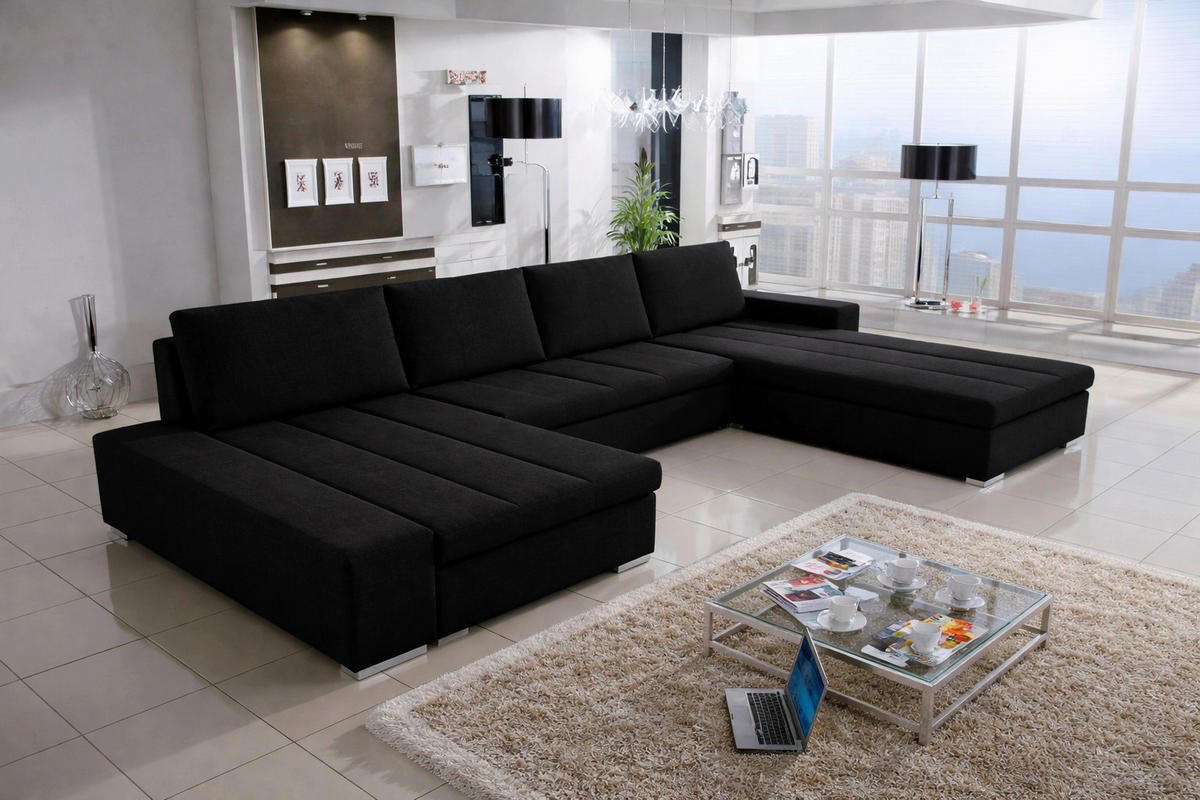 WOHNLANDSCHAFT VERONA U-Form mit Schlaffunktion, Bettkasten und Wellenfederung – Großzügiges Ecksofa 387 cm - Schwarz, Kunststoff (387/85/213cm) - Wohnideebilder