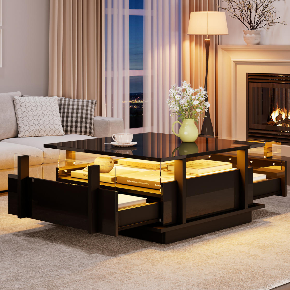 COUCHTISCH 70/70/35 cm mit 2 Schubladen, LED-Beleuchtung und Acrylabtrennung aus Spanplatte, Schwarz - Schwarz, Holzwerkstoff (70/70/35cm) - Redom