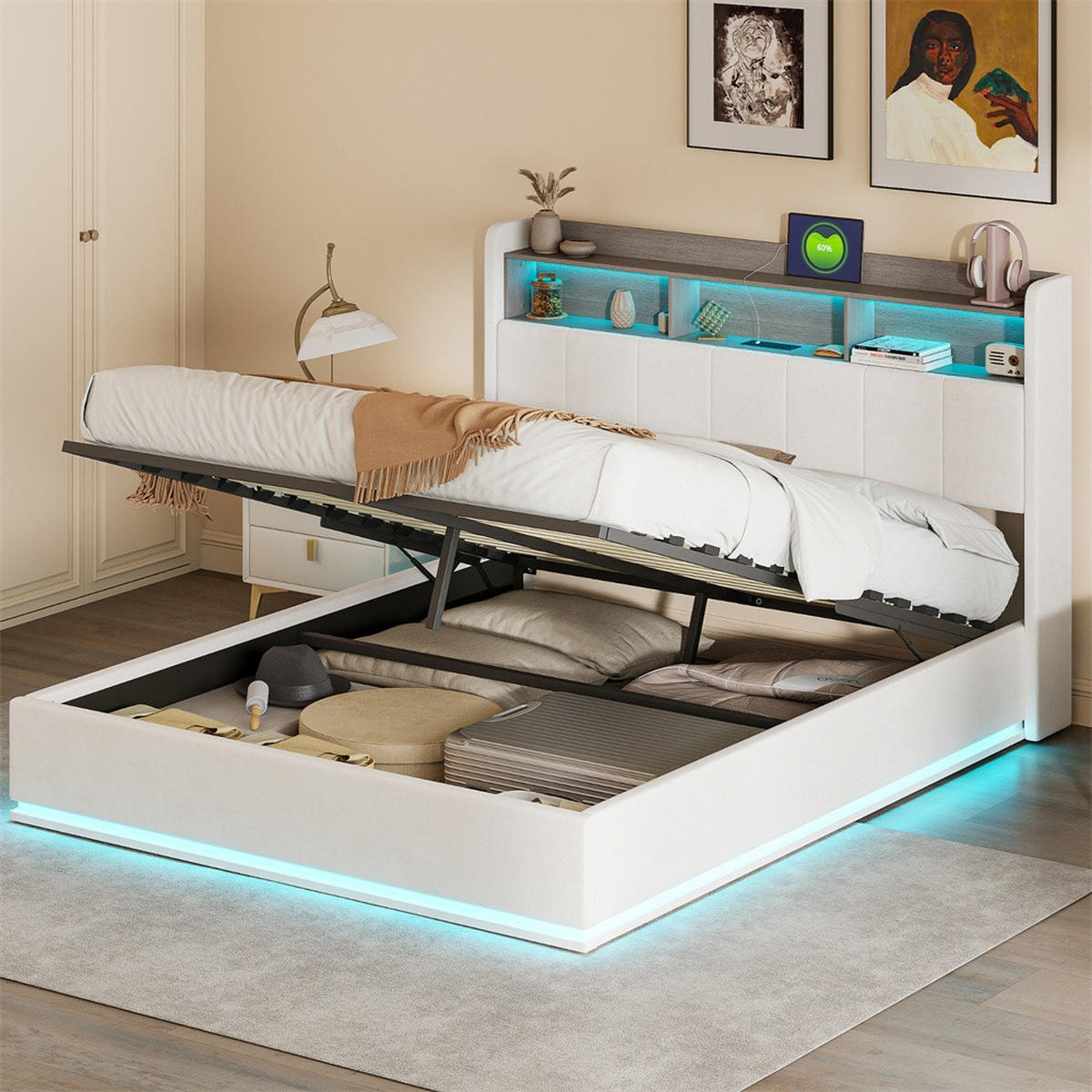 POLSTERBETT 160x200cm - Doppelbett mit RGB-LED-Beleuchtung am Kopfteil und Unterboden Stauraum-Kopfteil - Beige - Beige, Textil (160/200cm) - DELFA