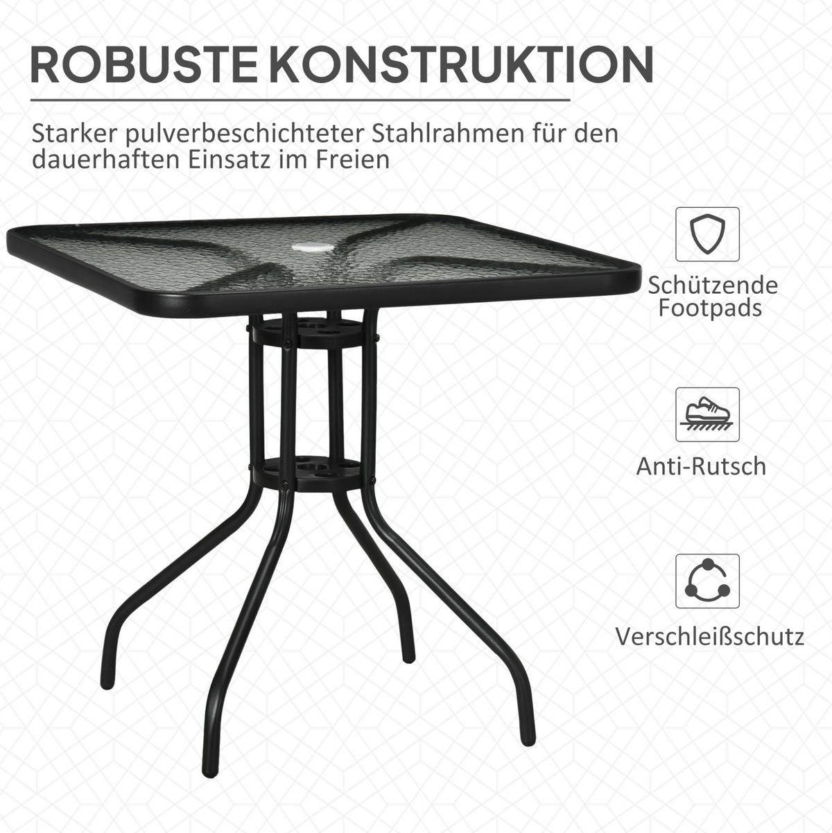 GARTENTISCH 76/76/72 cm mit Schirmloch, gehärteter Glasplatte und Metallgestell, Schwarz - Naturfarben, Metall (76/76/72cm) - Redom