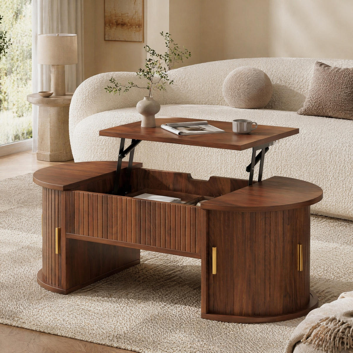 COUCHTISCH in Nussbaumfarben mit offenen Regalen und Stauraum für Wohnzimmer, B100/T50/H40.5cm - Nussbaumfarben, Holzwerkstoff/Metall (50/100/40.5cm) - STILVORA