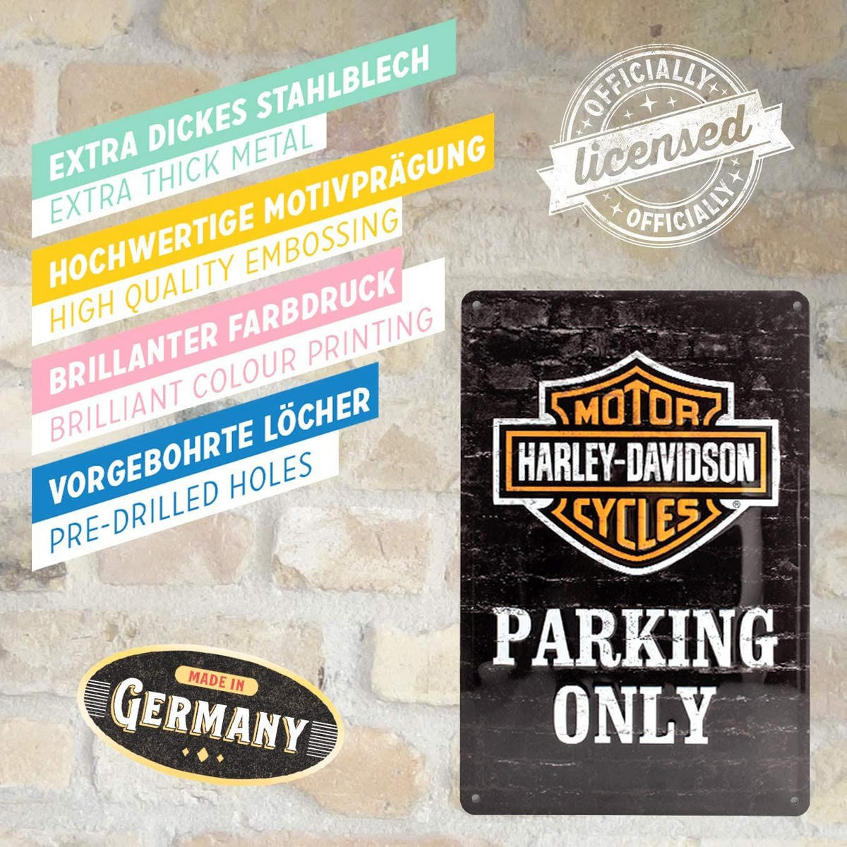 BLECHSCHILD 20/30 cm Harley-Davidson Parking Only - Multicolor, Metall (20/30/0.2cm) - Nostalgic-Art