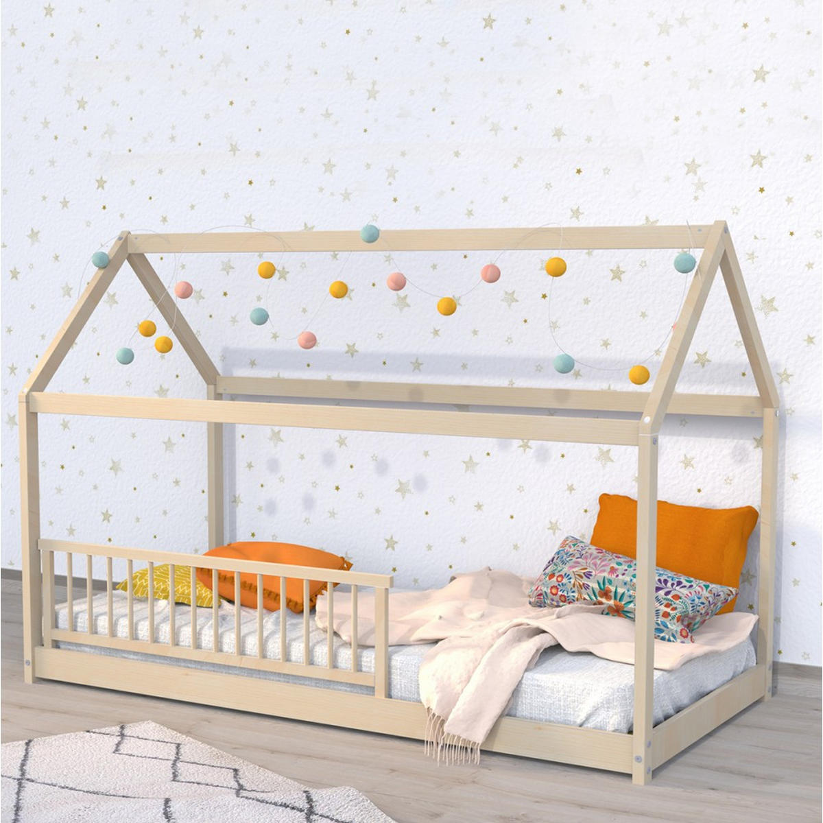 HAUSBETT PANDA mit Lattenrost und Gitter/ Kinderbett 90x190 cm - Naturfarben - Naturfarben, Holz (90/190cm) - Weber Industries