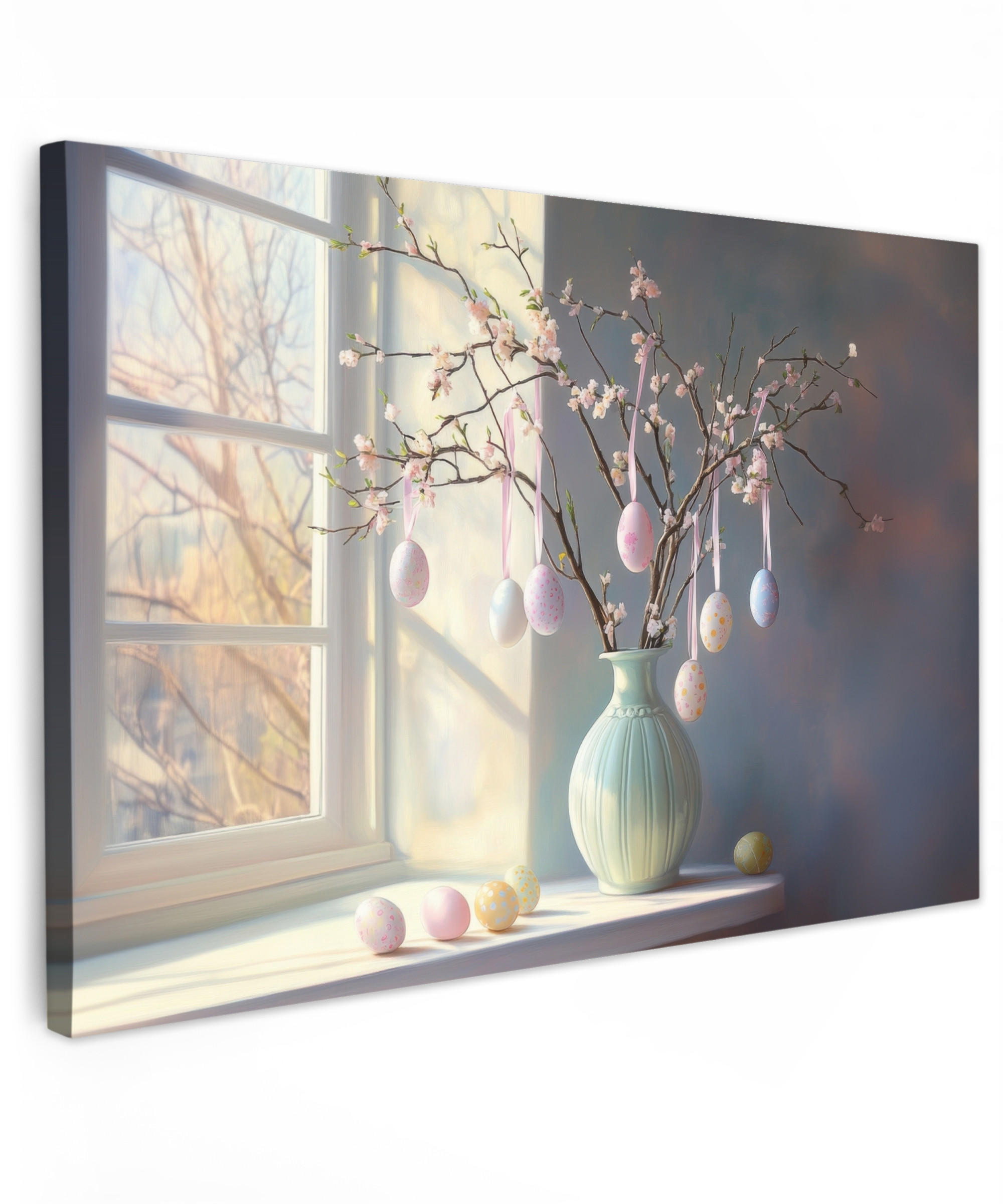 LEINWANDBILD Stillleben - Vase - Osterzweig Groß 140x90 cm - Hellblau, Textil (140/90cm) - MuchoWow