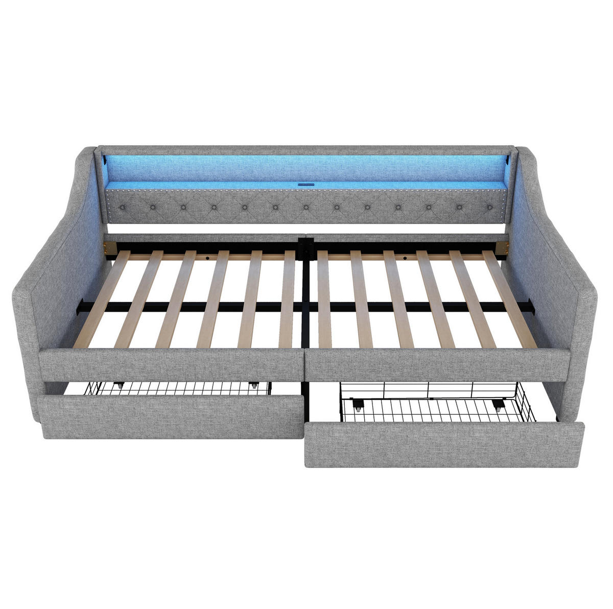 BETT 90/200 cm mit Kopfteil, 2 Schubladen, USB und LED, inkl. Lattenrost, Grau - Grau, Textil (90/200cm) - BEAOK