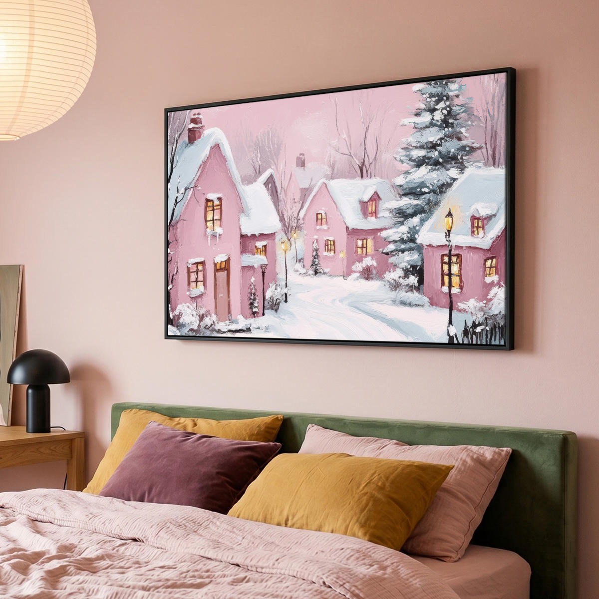 LEINWAND Bilder mit Rahmen - Weihnachtsdorf - Rosa - Winter - Schnee - Häuser - 120x80 - Altrosa, Textil (120/80cm) - MuchoWow
