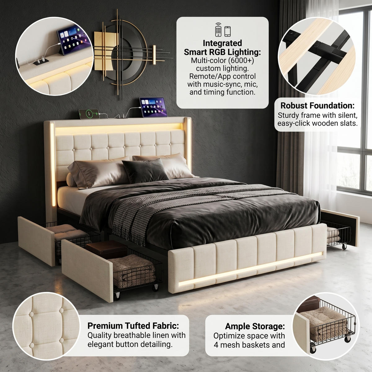 POLSTERBETT Geometrisch 140/200 cm mit 4 Schubladen & App-LED Leinenoptik Beige - Beige, Textil (140/200cm) - Creahappy