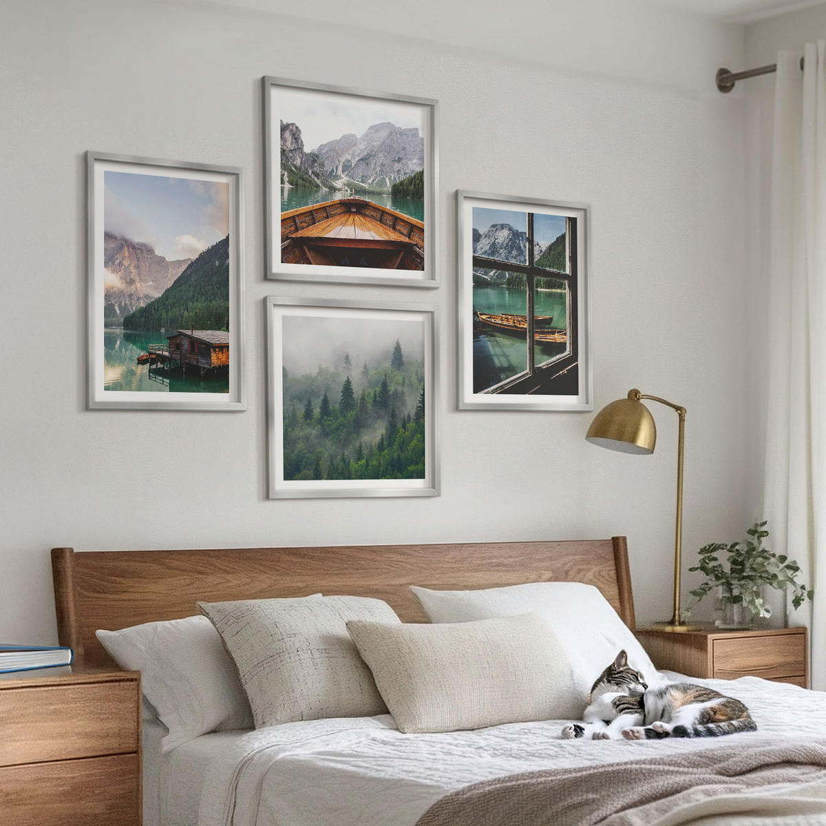 BILDER SET 4er Set - 50x50 cm & 40x60 cm Silberner Rahmen - Hütten am Bergsee Łódź - Silberfarben, Kunststoff (50/50cm) - TULUP