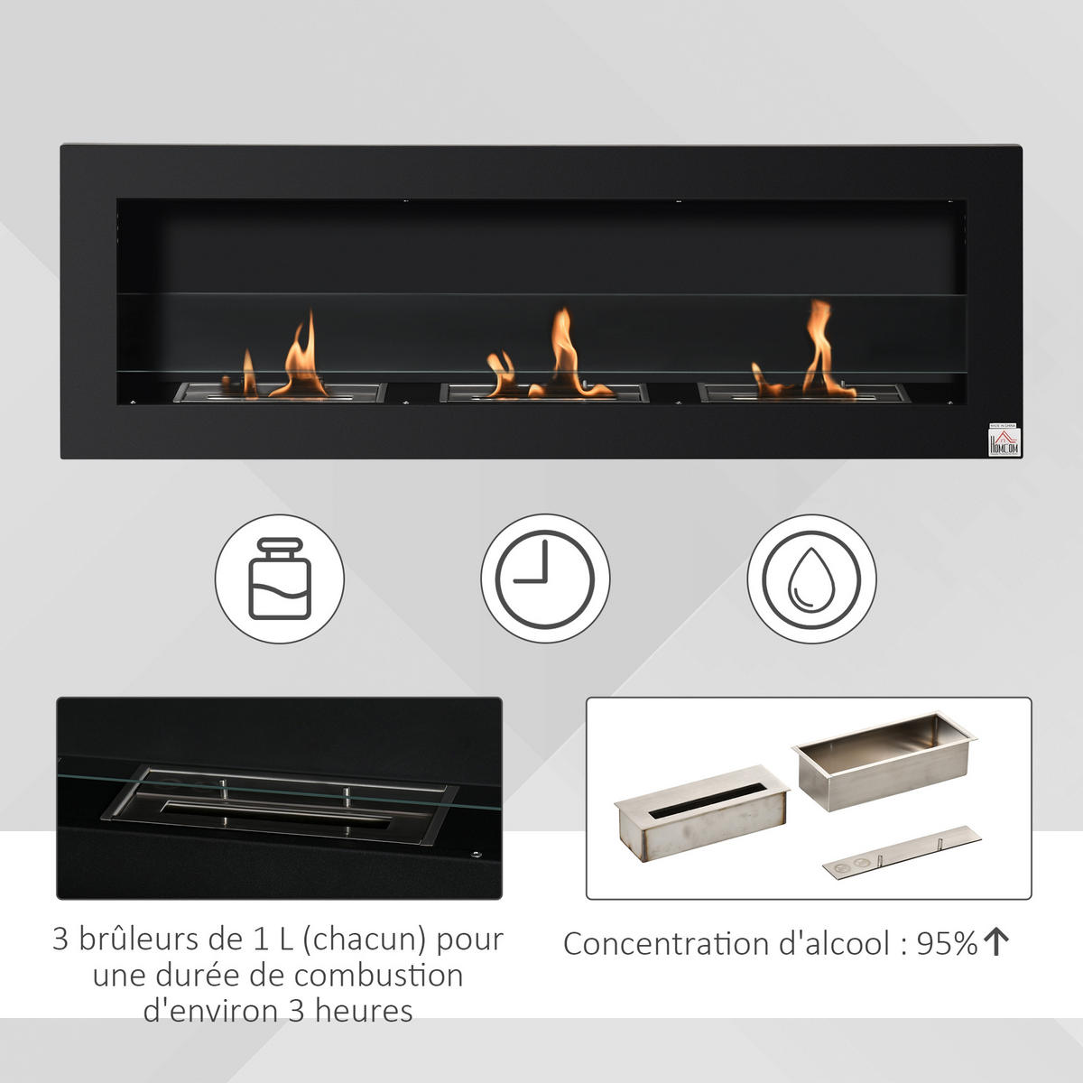 ETHANOLKAMIN DE-17012 3 Brenner 3 L einbaubar Schwarz - Schwarz, Metall (120/40/15cm) - ComfortXL