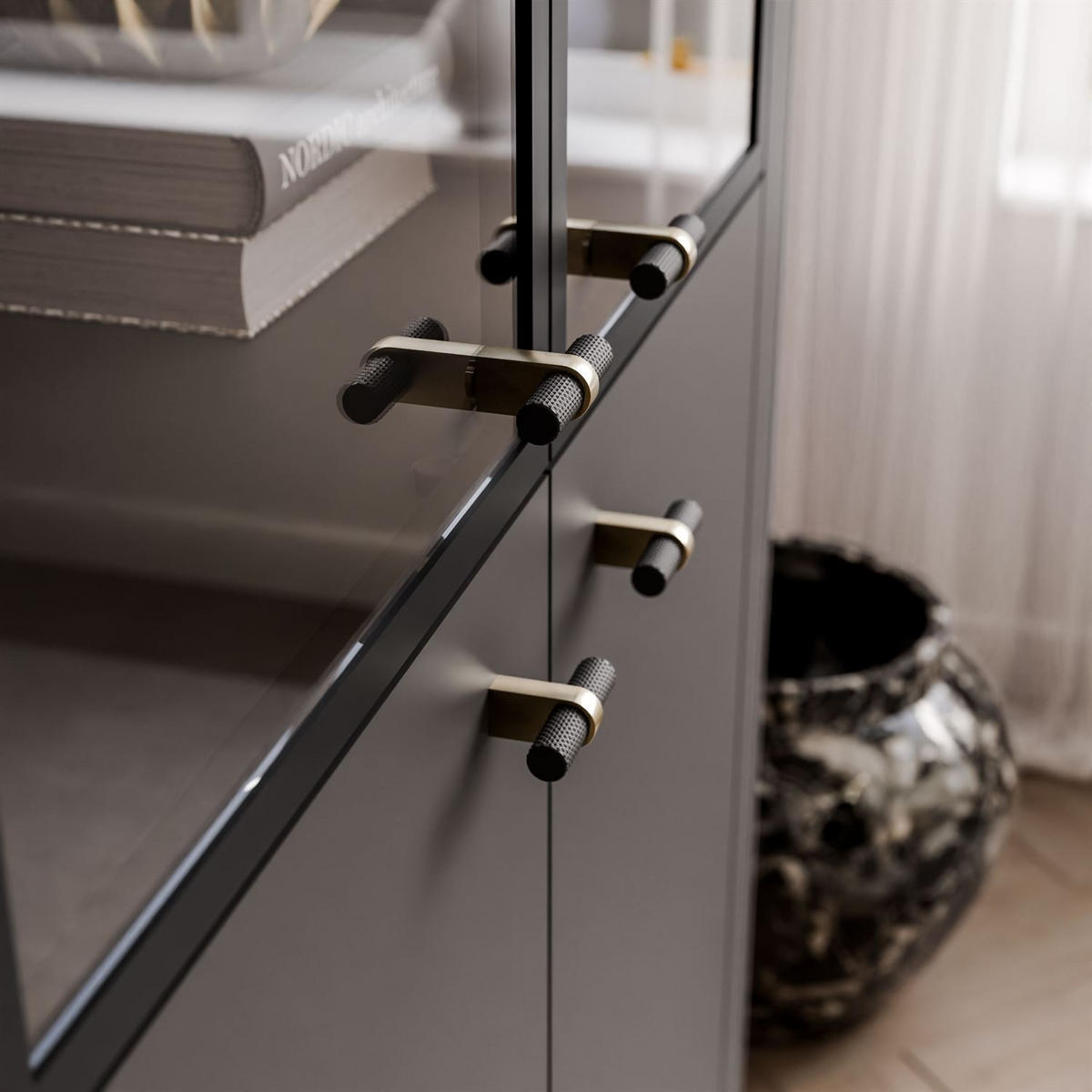VITRINE ELODIE mit LED-Beleuchtung Schwarz - Schwarz, Holzwerkstoff (112/155/40cm) - Lookway