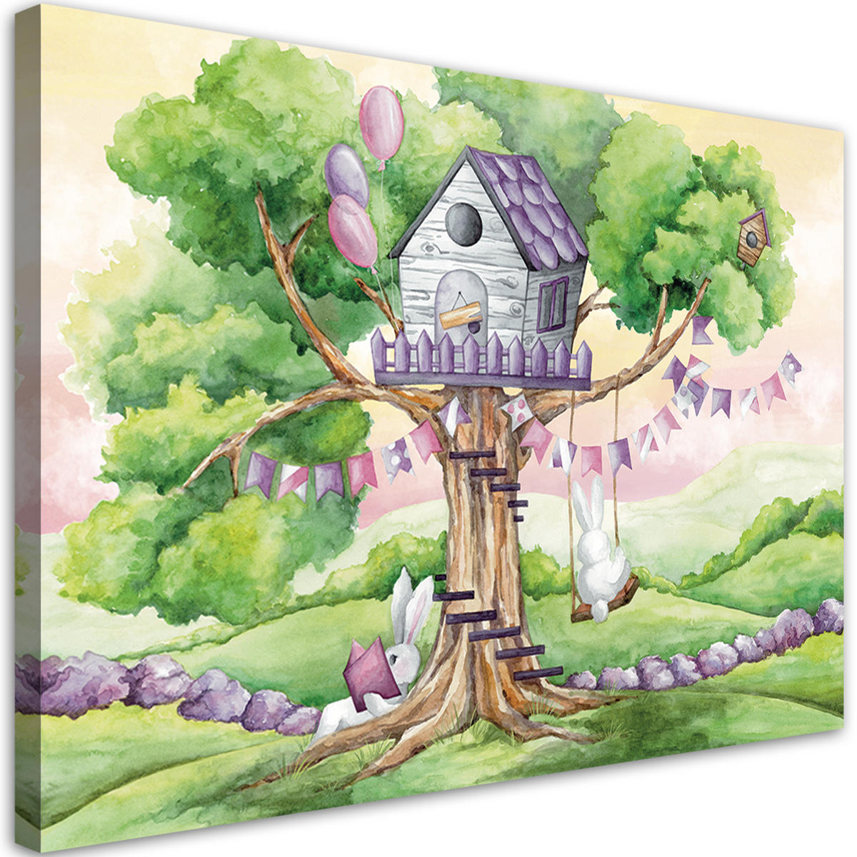 WANDBILD weiße kaninchen hütte auf dem baum - Grün, Textil (60/40cm) - Feeby