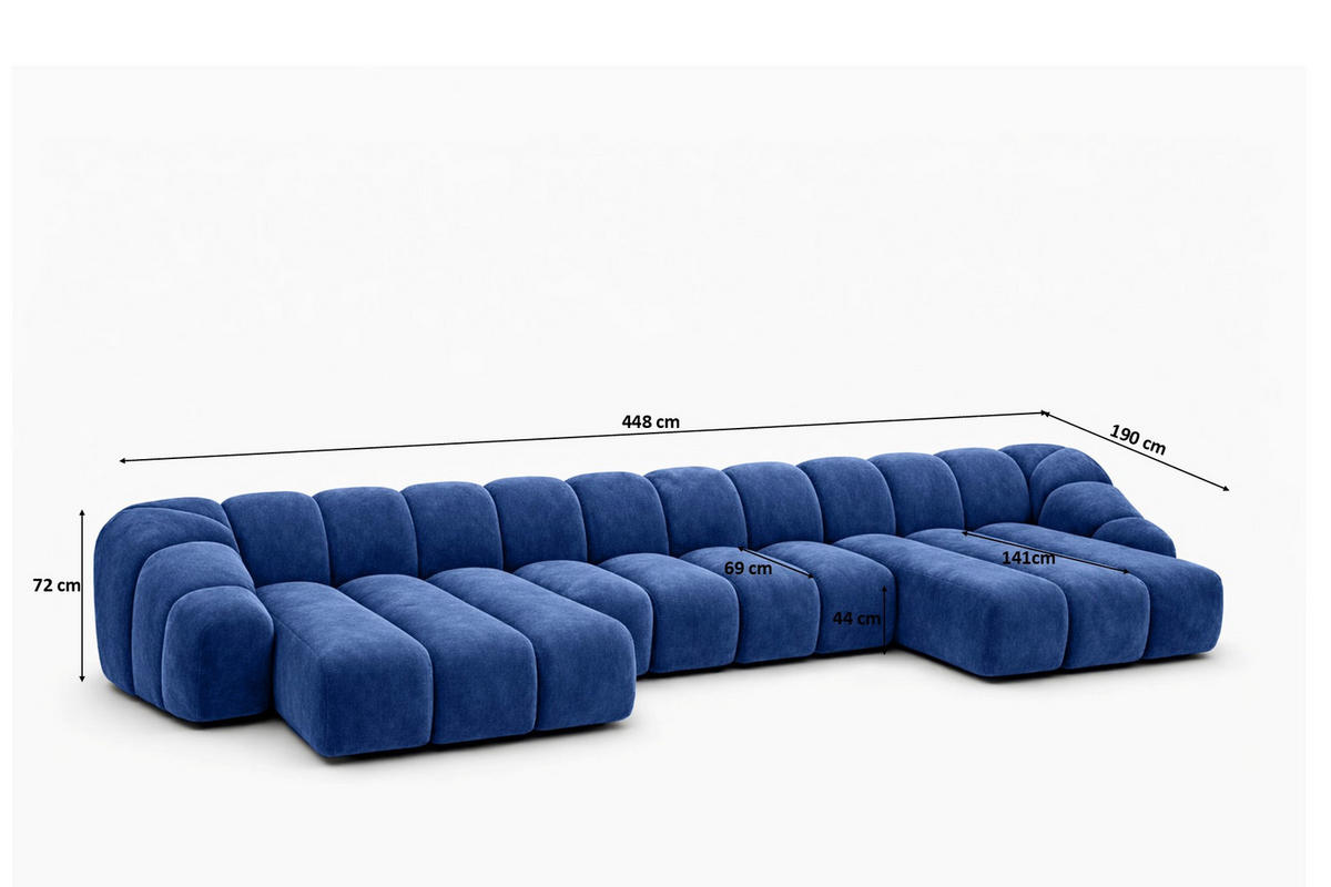 ECKSOFA Modulare U-Form, Veloursstoff Bluvel, Tintenblau, CROISSANT U XL - Blau, Holz (448/72/190cm) - Kaiser Möbel