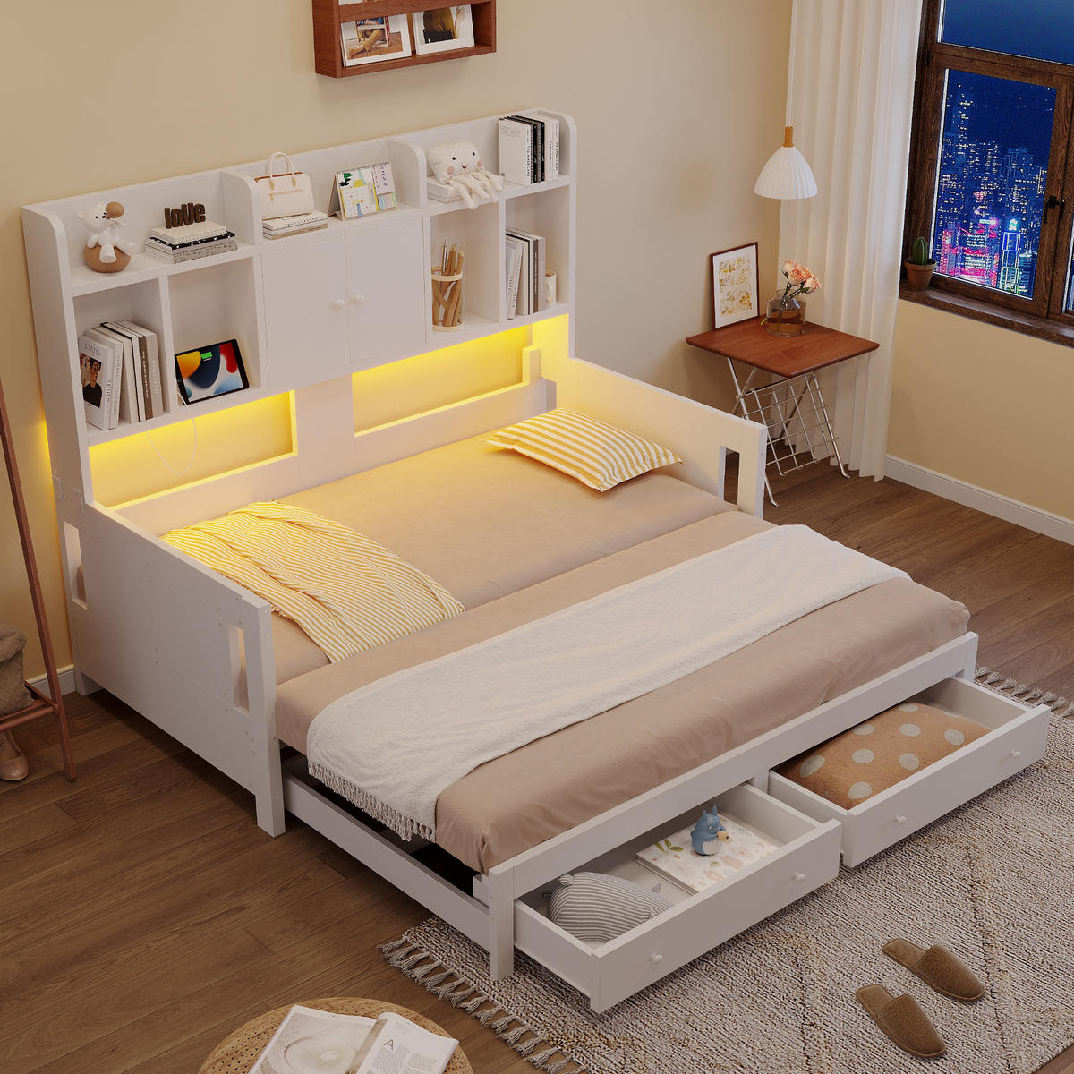 SCHLAFSOFA Holz Ausziehbett LED Stauraum Steckdose Weiß - Weiß, Holz (90/190cm) - FLIEKS