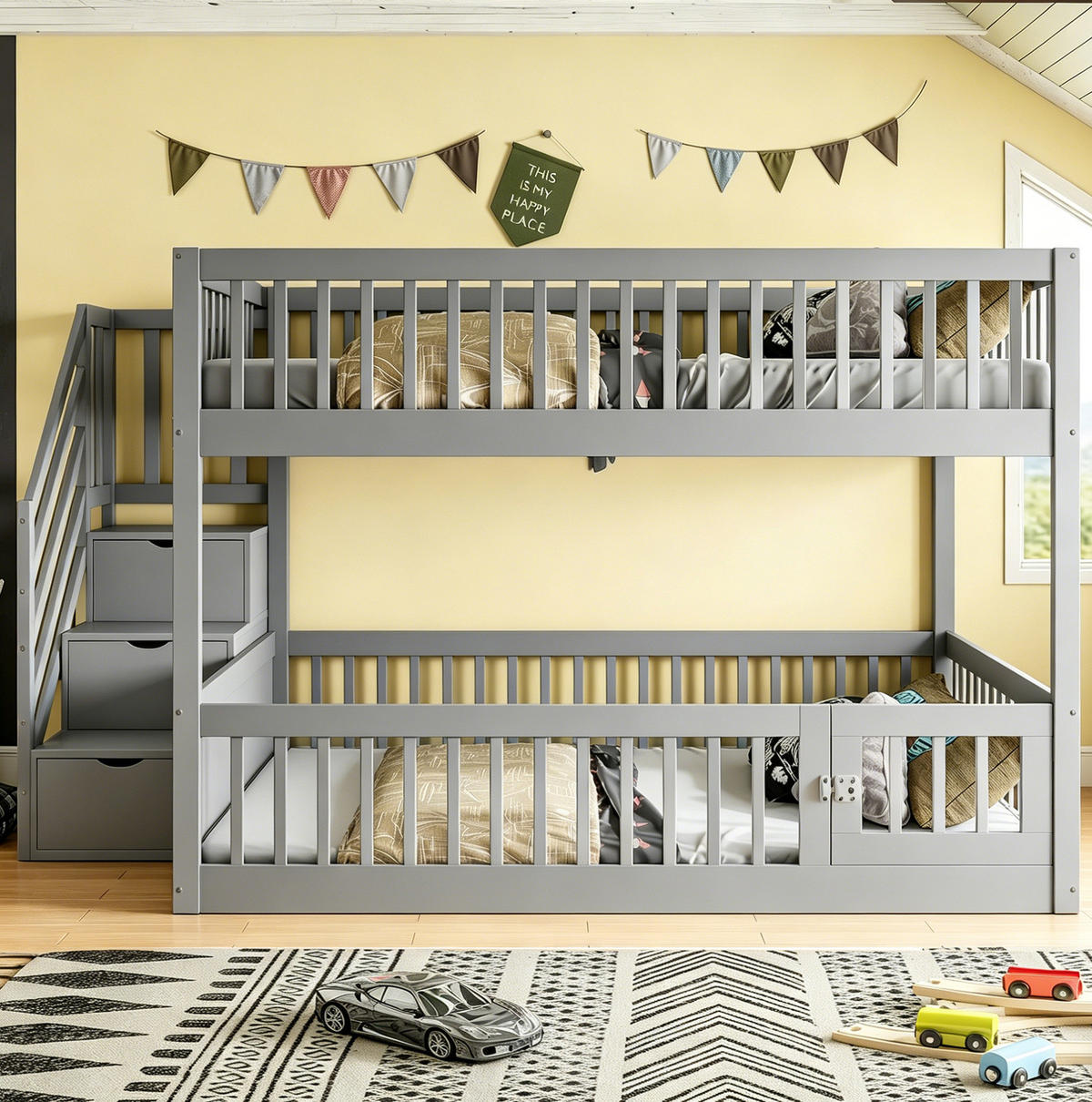 ETAGENBETT 140/200 cm aus Massivholz mit Stauraumtreppe Grau - Grau, Holz (140/200cm) - OKMYHOME